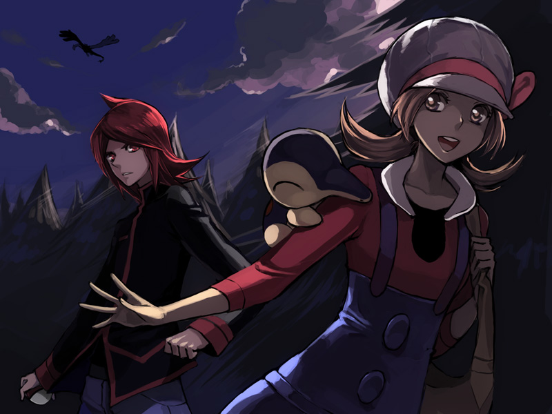 cezaria, cyndaquil, lugia, lyra (pokemon), silver (pokemon), nintendo, pokemon, pokemon hgss, bad deviantart id, bad id, 00s, 1boy, 1girl, :d, alternate costume, brown eyes, brown hair, dark, gen 2 pokemon, hat, holding, holding poke ball, legendary pokemon, night, open mouth, poke ball, pokemon (creature), red eyes, red hair, smile, twintails