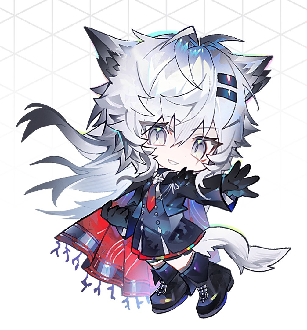 yeonan, lappland (arknights), lappland the decadenza (arknights), arknights, commentary request, partial commentary, 1girl, animal ears, black boots, black cape, black gloves, black skirt, boots, cape, chibi, chibi only, dot nose, floating hair, full body, gloves, grey eyes, grey hair, grin, hair between eyes, hair ornament, hairclip, long hair, long sleeves, looking at viewer, multicolored cape, outstretched arm, purple cape, red cape, skirt, smile, solo, tail, white tail, wolf ears, wolf girl, wolf tail