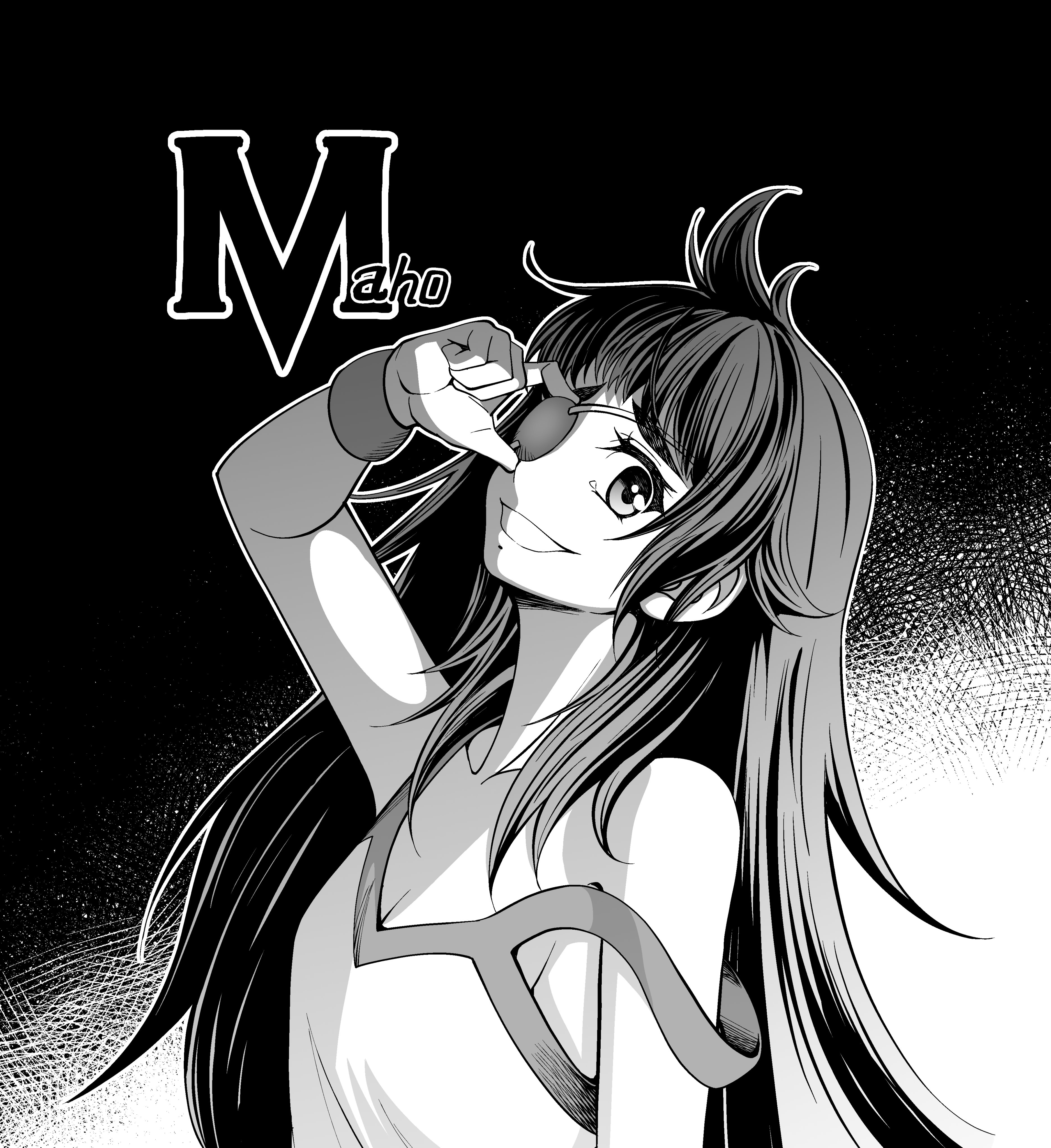 eibon, hiyajou maho, science adventure, steins;gate, steins;gate 0, absurdres, commentary, highres, 1girl, bare shoulders, black background, breasts, character name, evil grin, evil smile, eyepatch, greyscale, grin, long hair, looking at viewer, monochrome, sideboob, simple background, sleeve pull, small breasts, smile, solo, tank top, upper body, very long hair, wide-eyed