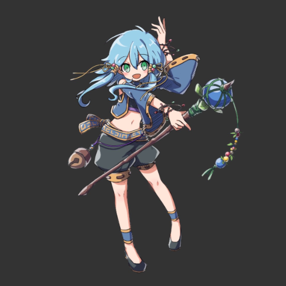 merc storia art team, merc storia, official art, 1girl, belt, black shoes, black shorts, blue hair, blush, breasts, cropped jacket, detached sleeves, flats, full body, green eyes, grey background, hair between eyes, hand up, hazel (merc storia), holding, holding staff, long hair, long sidelocks, low-tied sidelocks, navel, open mouth, outstretched arm, shoes, shorts, sidelocks, simple background, sleeveless, sleeveless jacket, small breasts, smile, solo, staff, standing, tachi-e, wide sleeves
