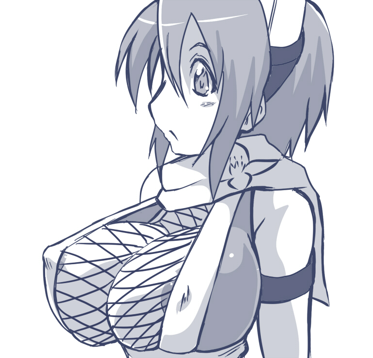 ekakiuo, izuna (gouma reifuden izuna), gouma reifuden izuna, bad id, bad pixiv id, 1girl, areola slip, blue theme, blush, breasts, cleavage, female focus, fishnet top, fishnets, huge breasts, monochrome, ninja, nipples, no bra, scarf, simple background, solo, upper body, white background