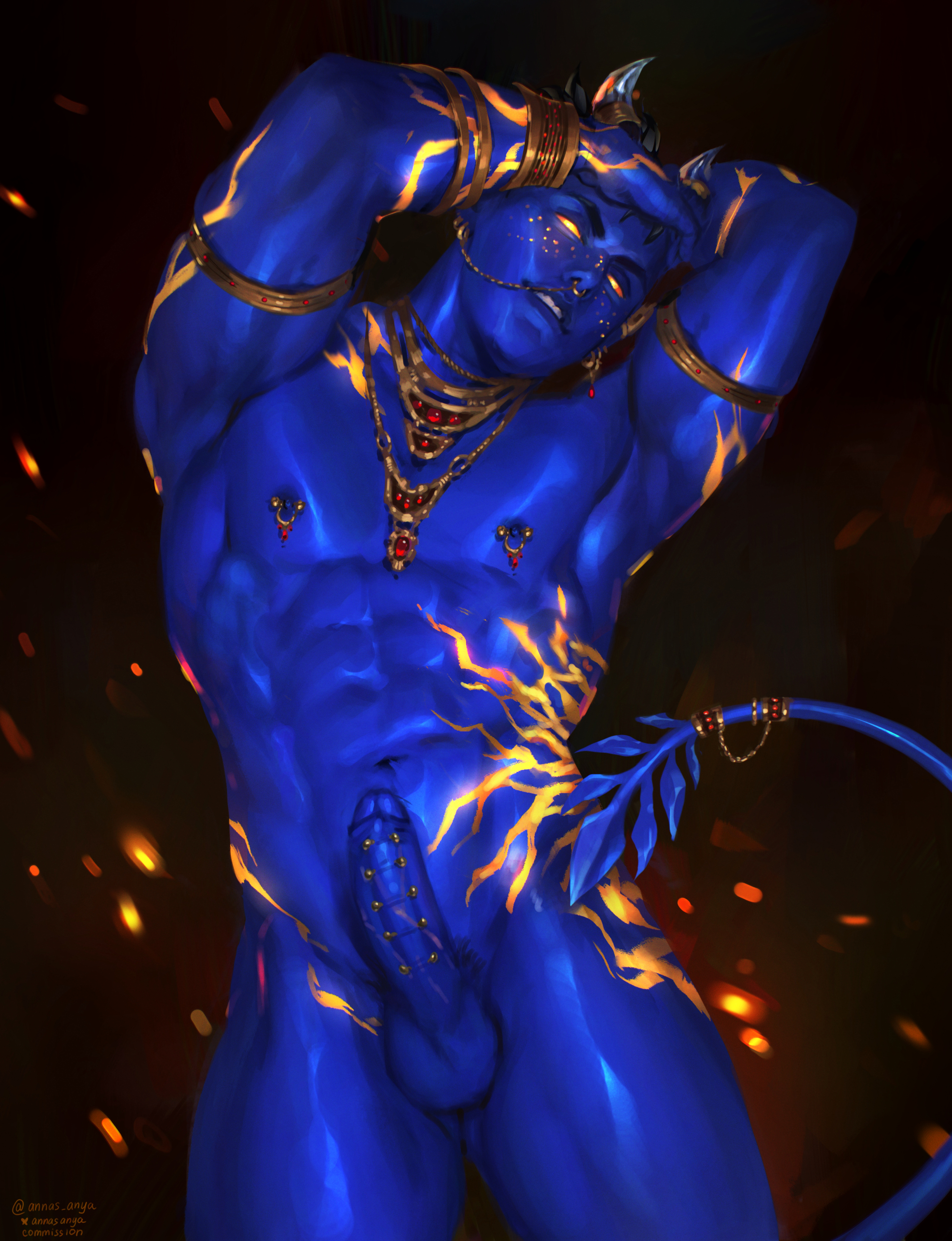 annas anya, original, red gem, absurdres, commentary, commission, highres, symbol-only commentary, 1boy, armpits, arms up, artist name, black background, blue skin, bluesky logo, bluesky username, brown hair, colored skin, completely nude, covered penis, cowboy shot, erection, gem, gluteal fold, jewelry, legs, male focus, muscular, muscular male, navel, necklace, nipple indents, nipple piercing, nipples, nude, pectorals, penis, penis piercing, piercing, short hair, simple background, solo, stomach, tail, testicles, thighs, twitter username