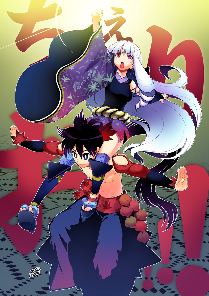 puyo (puyotopia), togame, yasuri shichika, katanagatari, 1boy, 1girl, carrying, heterochromia, japanese clothes, long hair, shoulder carry, very long hair, white hair