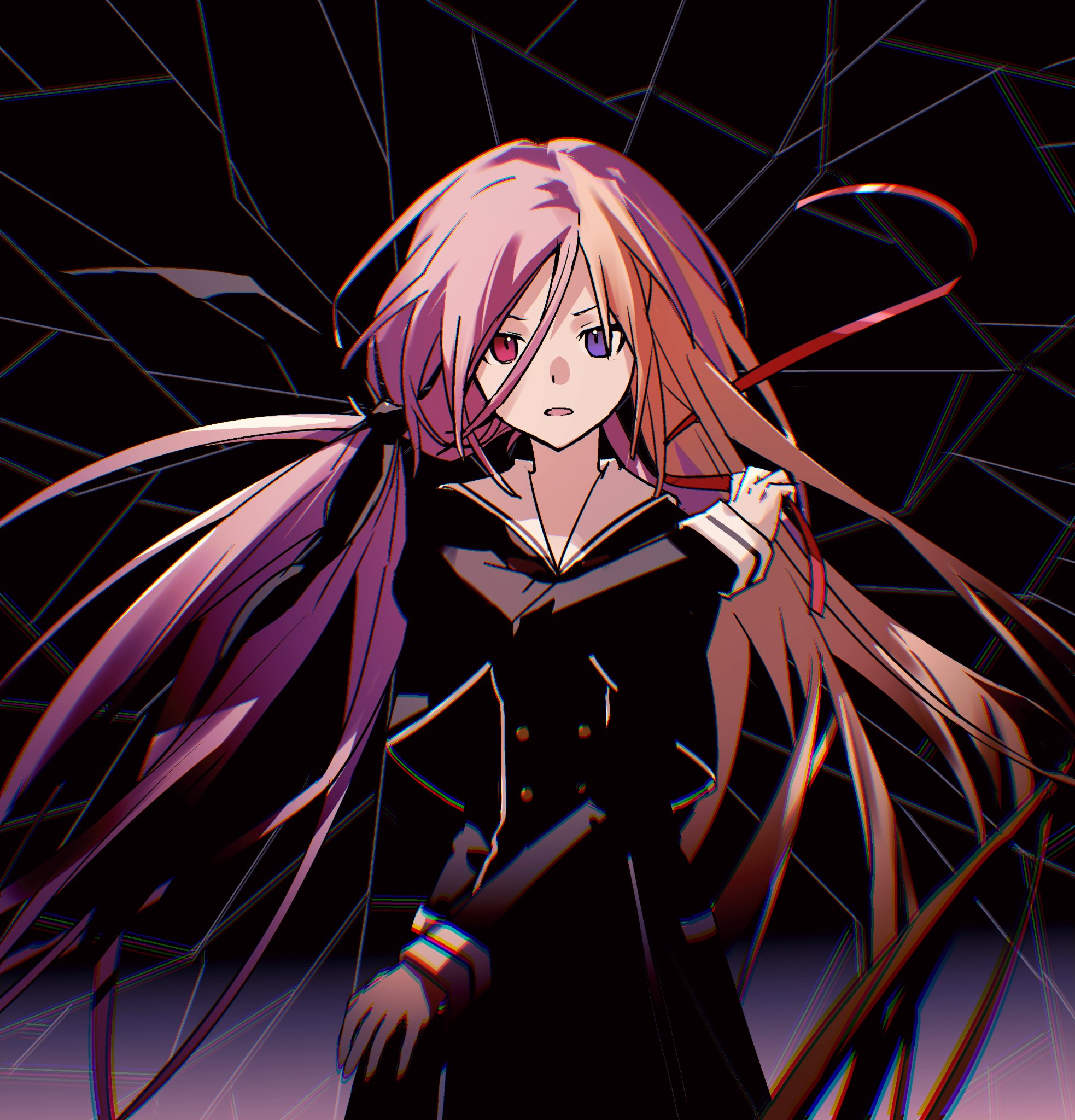 kurusu nono, minamisawa senri, chaos;child, science adventure, highres, spoilers, 24th wanderer, 2girls, blonde hair, chromatic aberration, collared dress, cropped jacket, dress, hekiho academy school uniform, holding, holding ribbon, long hair, looking at viewer, multiple girls, multiple persona, open mouth, pink hair, purple eyes, red eyes, ribbon, sailor collar, school uniform, twintails, untying hair, very long hair, white sailor collar