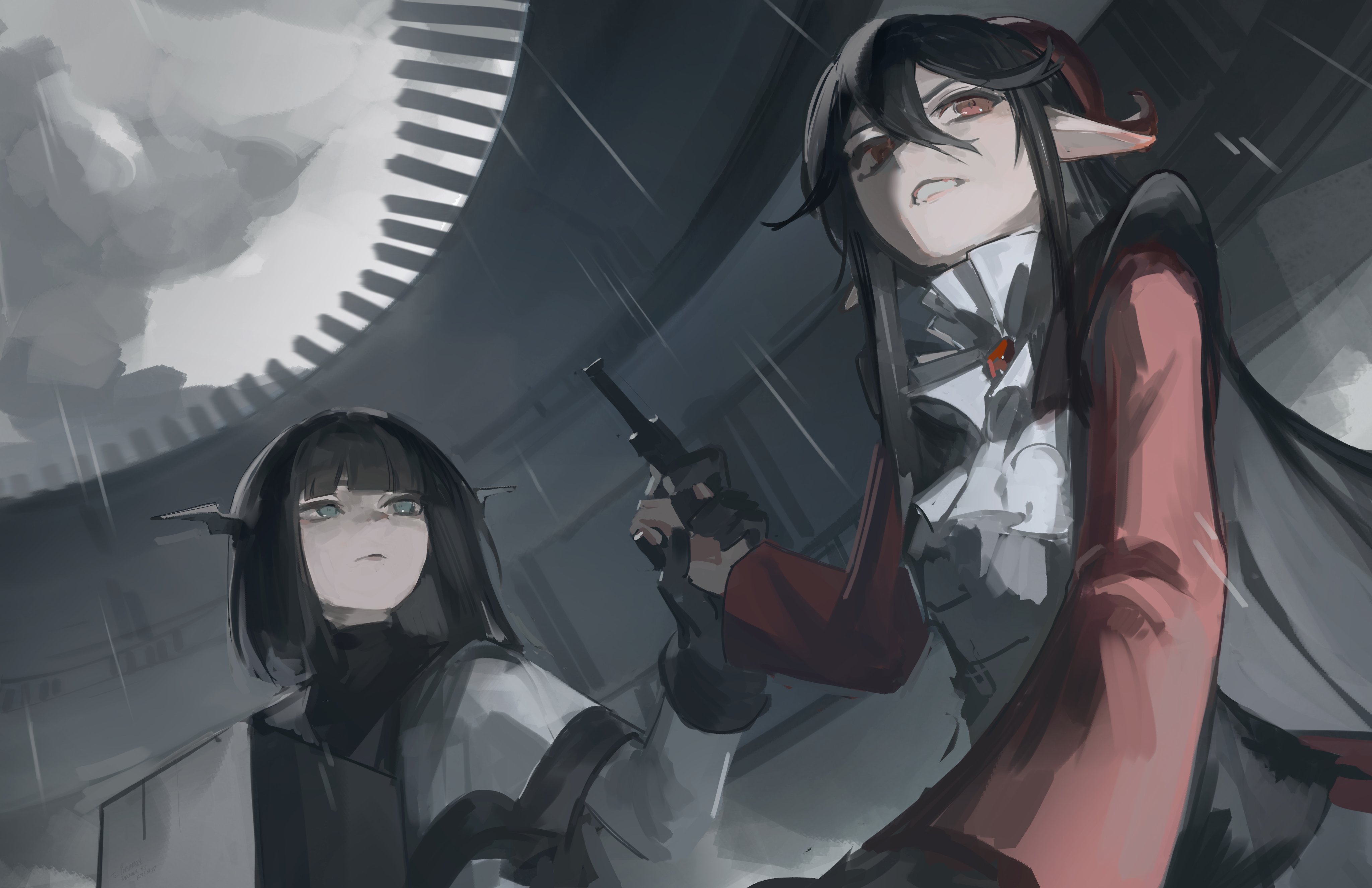 phyriaxi, original, red gem, absurdres, commentary, highres, making-of available, 2girls, ascot, black hair, capelet, clenched teeth, closed mouth, gem, grabbing another's arm, green eyes, grey capelet, gun, hair between eyes, handgun, holding, holding gun, holding weapon, horns, long hair, long sidelocks, long sleeves, looking at another, looking to the side, magpie (phyriaxi), medium hair, multiple girls, open mouth, outdoors, pointy ears, red eyes, red horns, revolver, sidelocks, teeth, upper body, weapon, white ascot, white horns