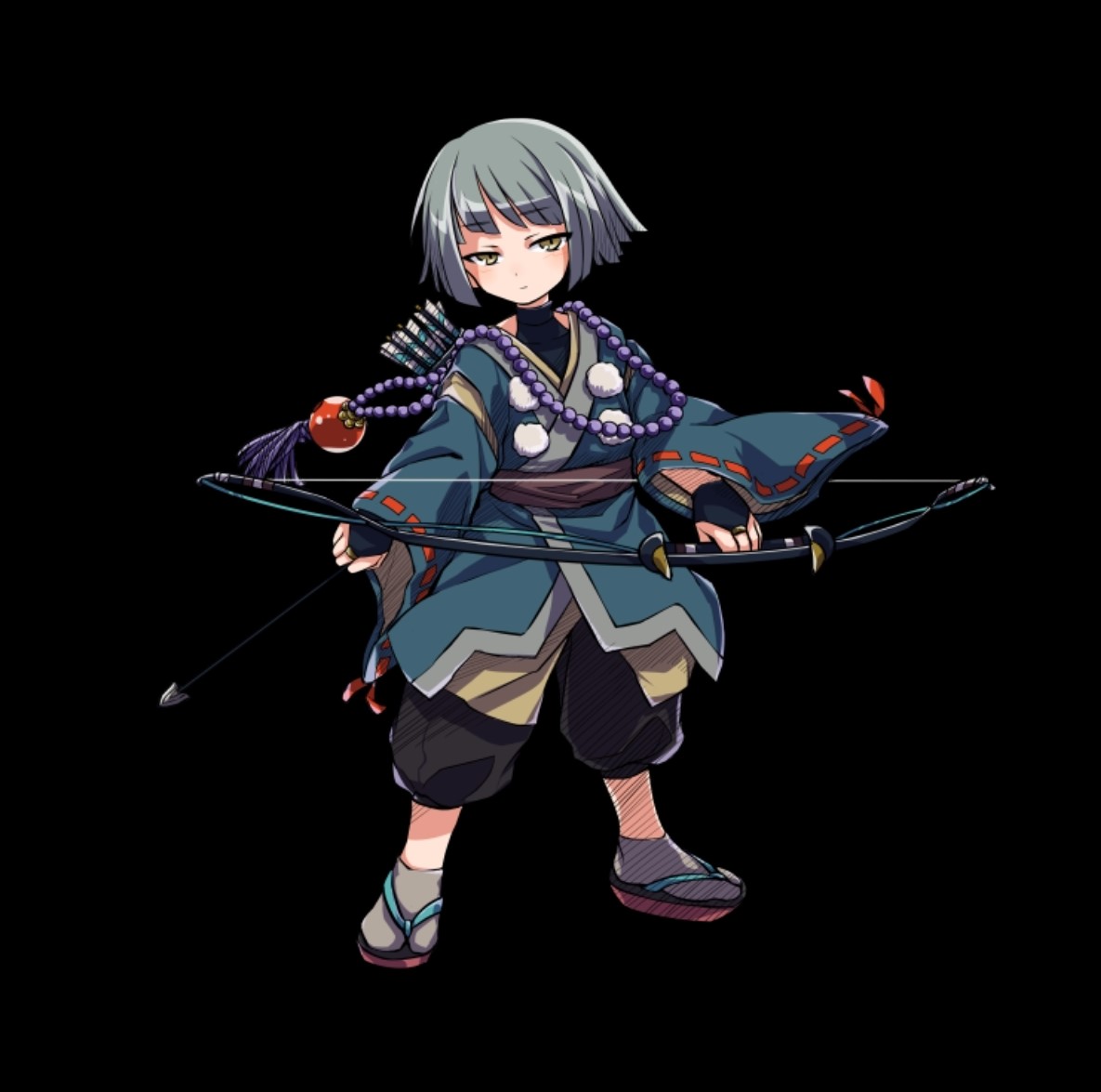 merc storia art team, aonibi (merc storia), merc storia, official art, 1boy, arrow (projectile), beads, black background, black gloves, black pants, black shirt, blue kimono, bow (weapon), closed mouth, full body, geta, gloves, grey hair, holding, holding arrow, holding bow (weapon), holding weapon, japanese clothes, kimono, long sleeves, pants, prayer beads, quiver, shirt, short hair, simple background, solo, standing, tachi-e, tsurime, weapon, wide sleeves, yellow eyes