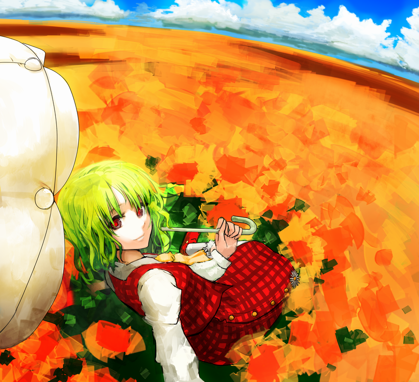 chirigami-san, kazami yuuka, touhou, bad id, bad pixiv id, 1girl, ascot, cloud, female focus, field, flower, flower field, from behind, green hair, grey eyes, looking back, parasol, plaid clothes, plaid skirt, plaid vest, reclining, red eyes, red pupils, skirt, skirt set, smile, solo, sunflower, sunflower field, umbrella, vest