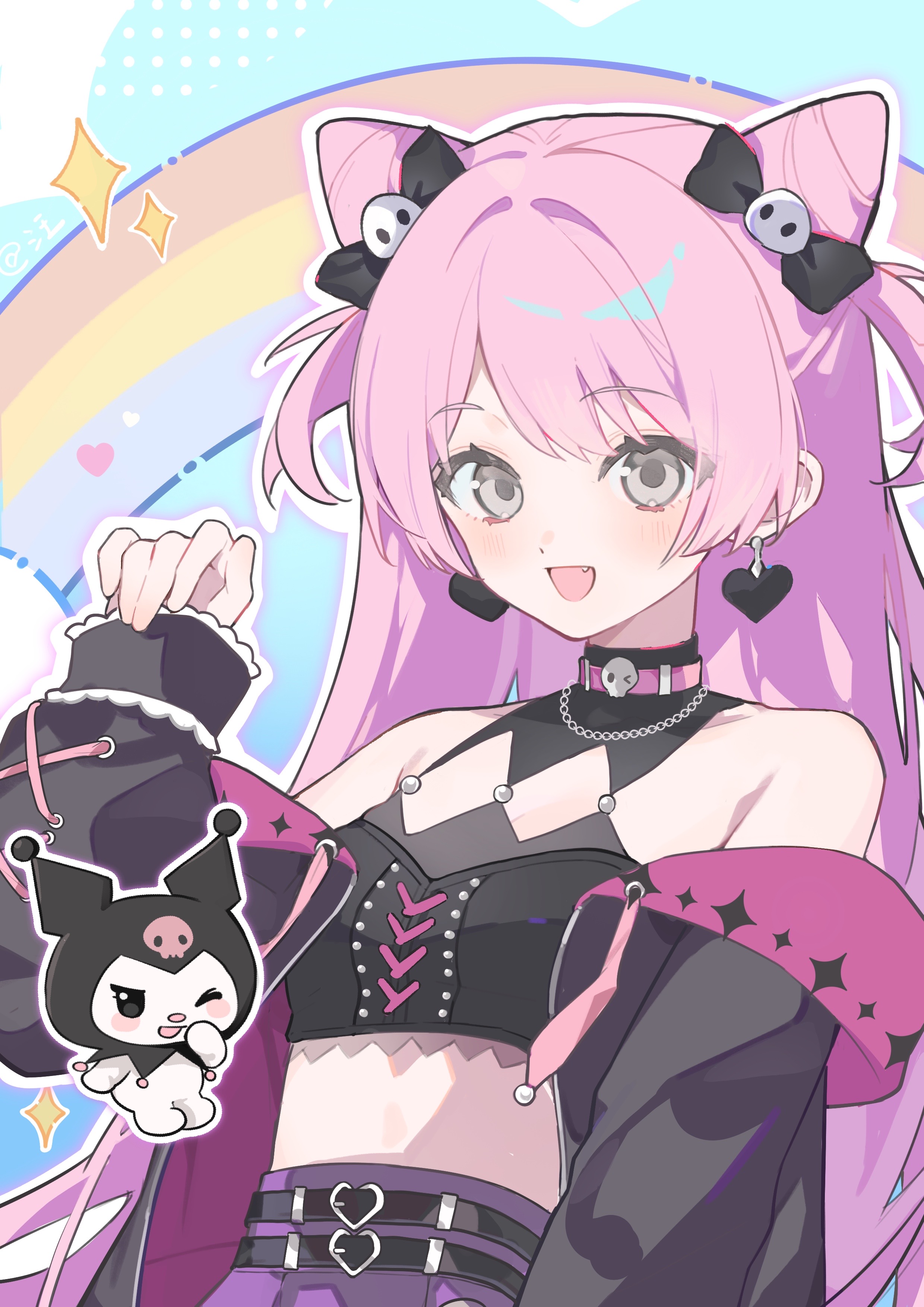 yuki (miyuki kii), chihaya anon, kuromi, bang dream!, bang dream! it's mygo!!!!!, my melody (series), sanrio, absurdres, chinese commentary, commentary request, highres, 1girl, :d, bare shoulders, belt, black belt, black bow, black jacket, blue background, bow, choker, crop top, double bun, earrings, fang, hair bow, hair bun, hand up, heart, heart earrings, jacket, jewelry, long hair, long sleeves, looking at viewer, midriff, off shoulder, open mouth, pink choker, pink hair, rainbow, sleeves past wrists, smile, solo, sparkle, upper body