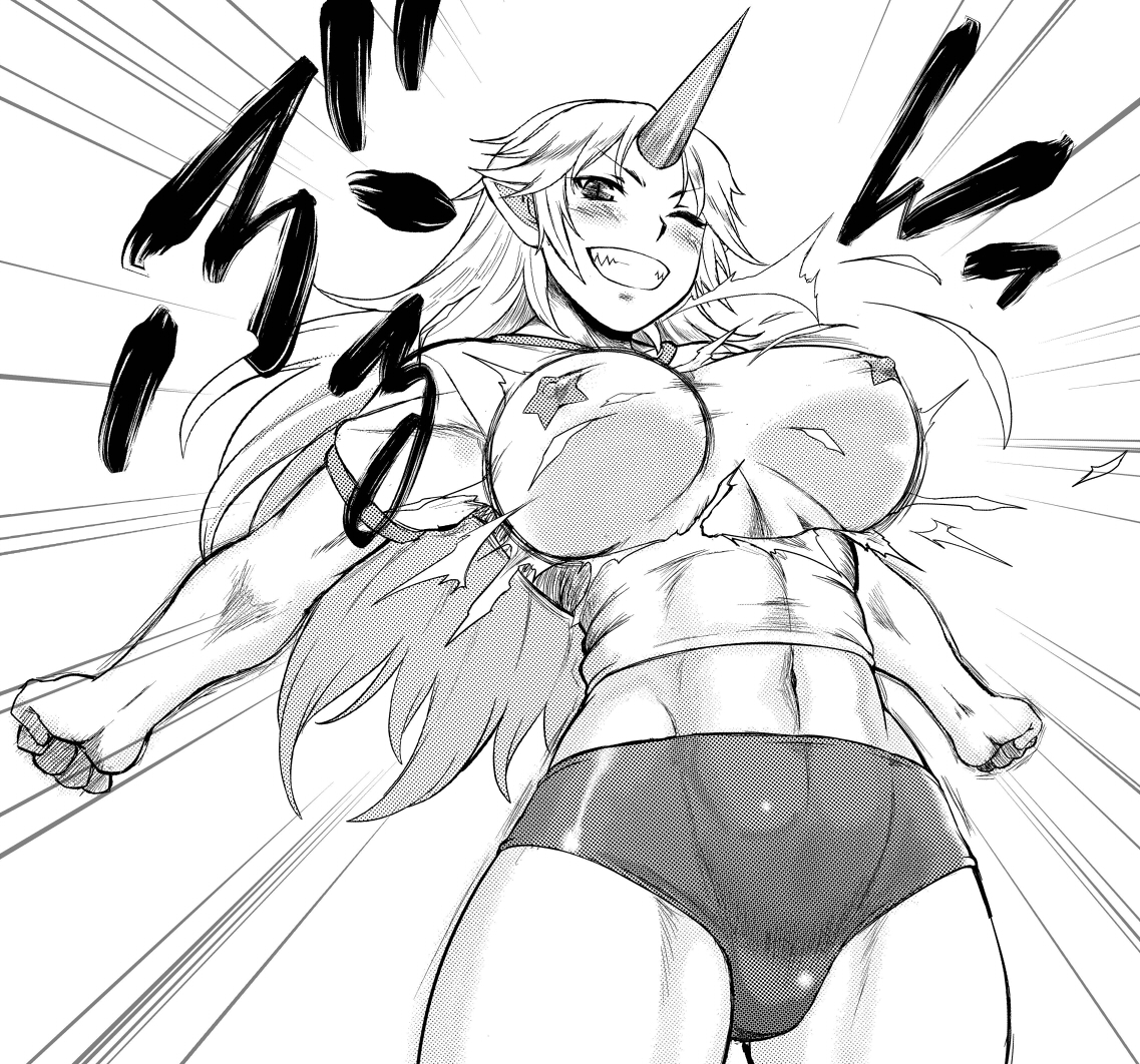 dr.p, hoshiguma yuugi, touhou, 1girl, abs, alternate costume, breasts, breasts apart, bursting breasts, buruma, curvy, exploding clothes, female focus, greyscale, grin, gym uniform, horns, large breasts, long hair, monochrome, muscular, oni, outstretched arms, pasties, pointy ears, single horn, smile, solo, spread arms, torn clothes