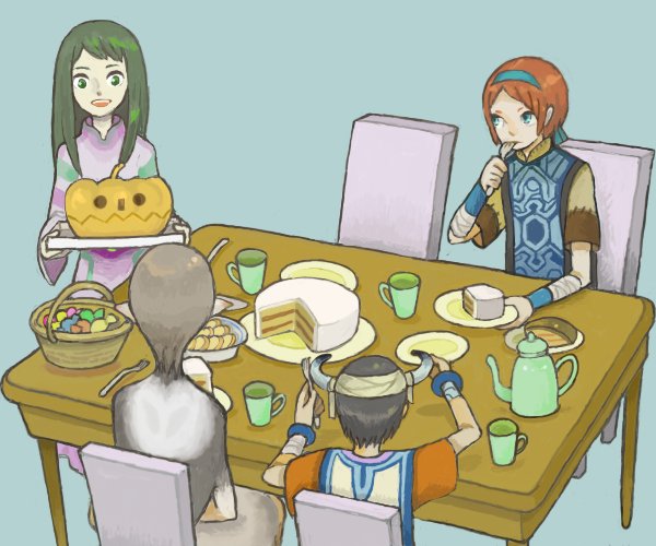 100000 (artist), ico (character), mono (shadow of the colossus), wander (shadow of the colossus), yorda, ico, shadow of the colossus, bad id, bad pixiv id, 2boys, 2girls, black hair, brown hair, cake, candy, crossover, cup, dress, drink, eating, everyone, family, food, fork, grey hair, halloween, happy, horns, jack-o'-lantern, multiple boys, multiple girls, pastry, plate, pointy ears, poncho, pumpkin, smile, surcoat, tabard, table, teapot, teeth, time paradox