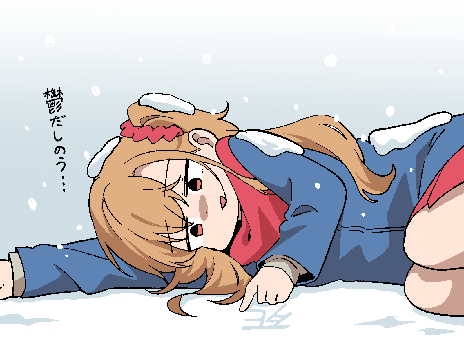 koaraya, takahashi polka, ikizulive! love live! bluebird, love live!, distress, commentary request, duplicate, highres, pixel-perfect duplicate, translated, 2girls, :d, ahoge, bow, bowtie, brown eyes, closed mouth, cowboy shot, frozen, happy, holding hands, jacket, long hair, looking at viewer, multiple girls, neckerchief, open mouth, pleated skirt, red scarf, red skirt, scarf, shirt, short hair, skirt, smile, snow, snowing, sweater, white shirt