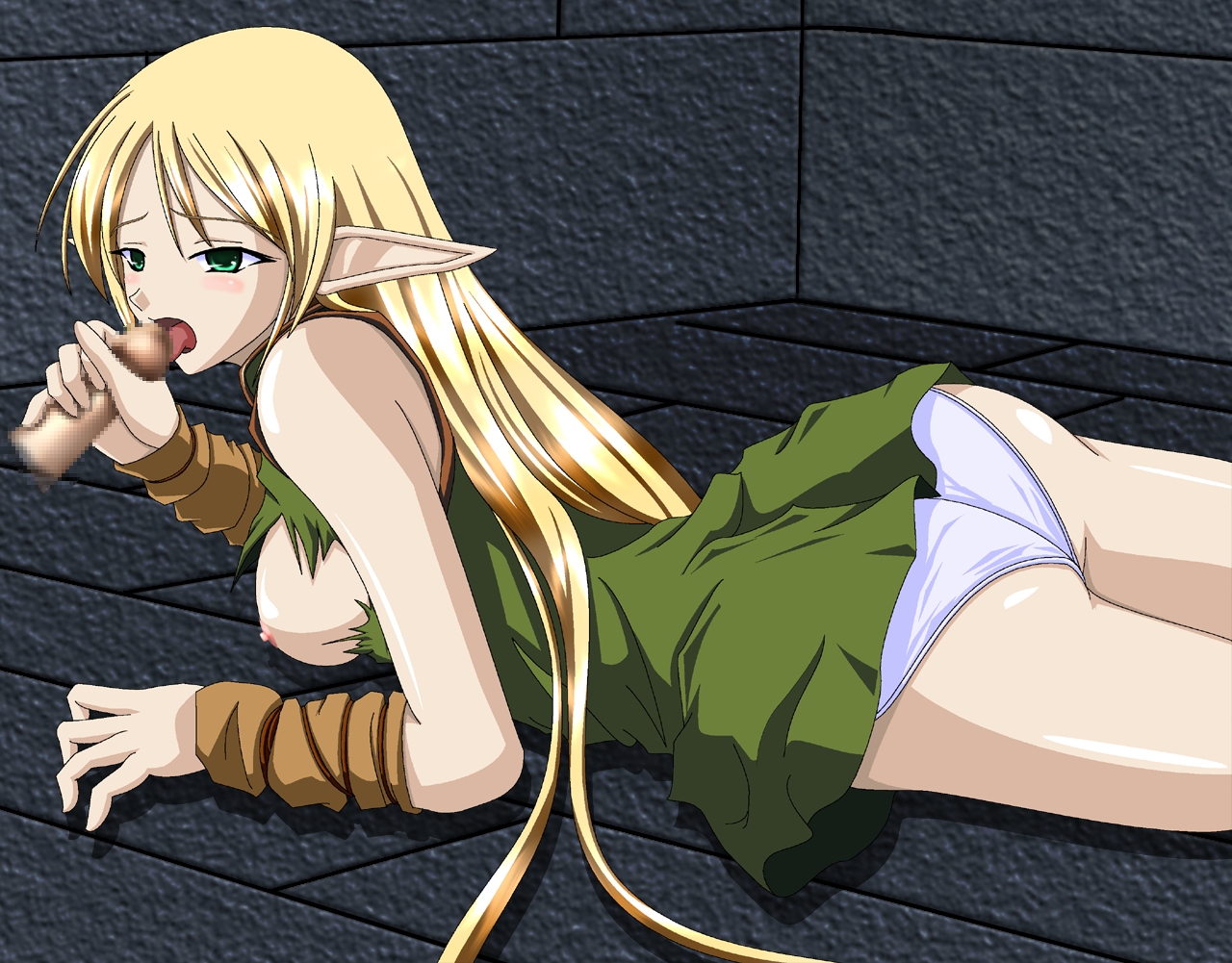 deedlit, record of lodoss war, blonde hair, blush, censored, elf, fellatio, long hair, oral, panties, pointy ears, torn clothes, underwear