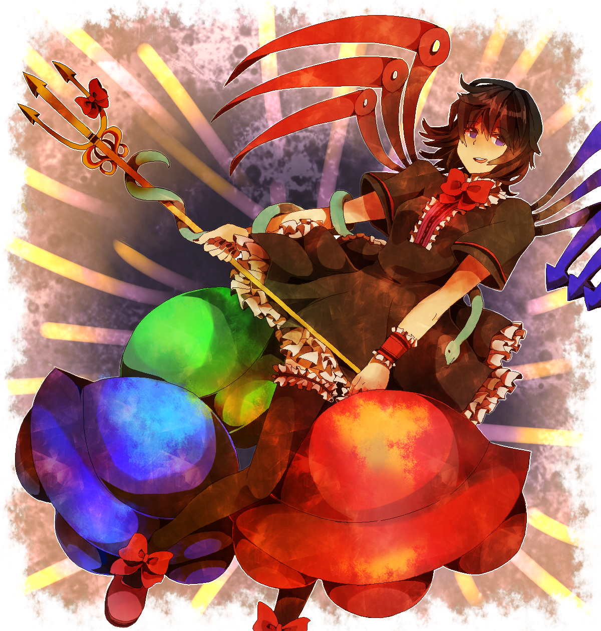 azya, houjuu nue, touhou, bad id, bad pixiv id, highres, 1girl, black hair, black thighhighs, blue eyes, female focus, polearm, short hair, solo, standing, thighhighs, ufo, weapon, wings, zettai ryouiki