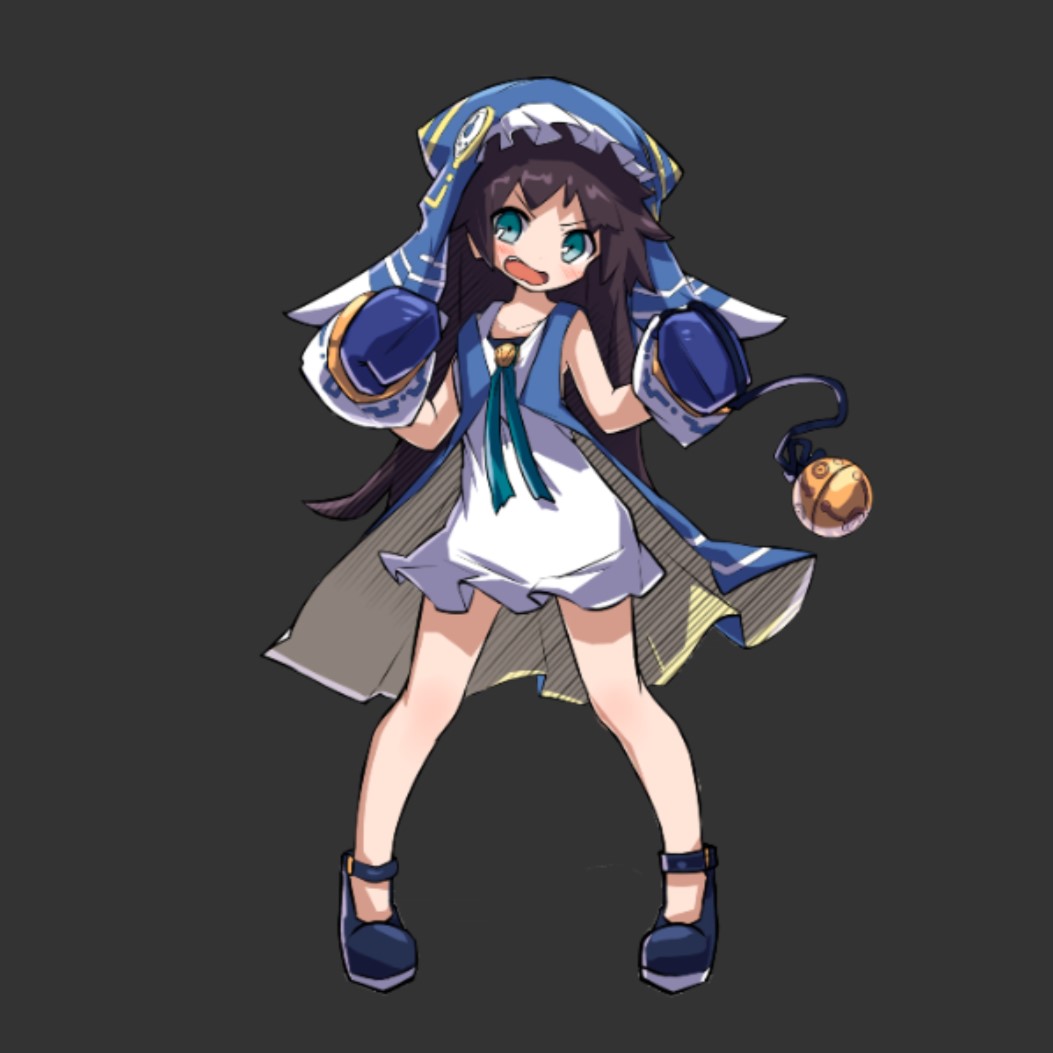 merc storia art team, merc storia, official art, angry, aqua eyes, black hair, blue gloves, blue scarf, blue shoes, blush, clenched hands, dress, flat chest, full body, gloves, grey background, headscarf, long hair, open mouth, orb, scarf, shoes, shulika (merc storia), sidelocks, simple background, sleeveless, sleeveless jacket, solo, standing, tachi-e, v-shaped eyebrows, very long hair, white dress