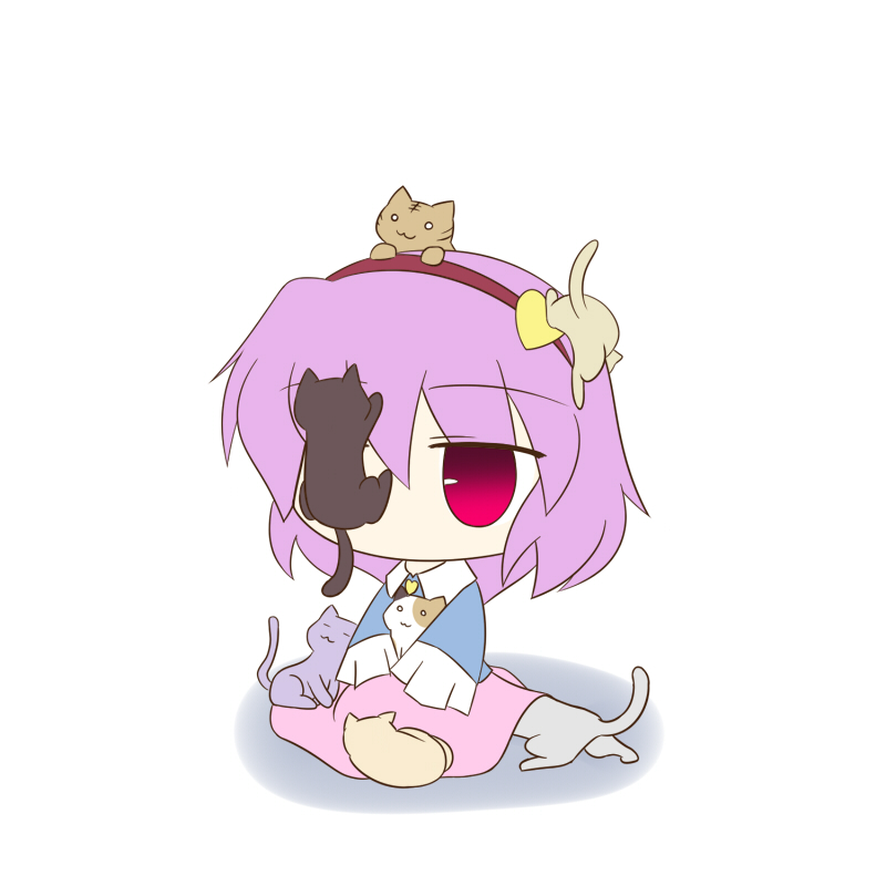 miyo (miyomiyo01), komeiji satori, touhou, 1girl, :3, animal, animal on head, cat, cat on head, chibi, completely unamused, expressionless, female focus, gradient eyes, hairband, heart, jitome, multicolored eyes, on head, pink eyes, pink hair, purple eyes, purple hair, simple background, sitting, solo, too many, too many cats, unamused