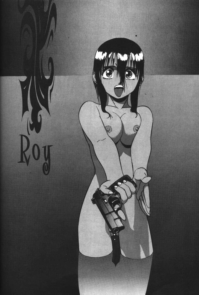 sonoda ken'ichi, rally vincent, gunsmith cats, highres, 1990s (style), 1girl, breasts, censored, comic, convenient censoring, cz 75, dark-skinned female, dark skin, female focus, greyscale, gun, handgun, large breasts, monochrome, nipples, nude, retro artstyle, short hair, solo, trigger discipline, weapon, wet
