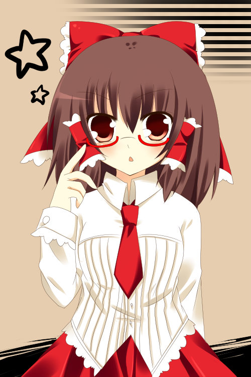 sumisaki yuzuna, hakurei reimu, touhou, 1girl, alternate costume, bespectacled, bow, brown eyes, brown hair, dress shirt, female focus, glasses, hair bow, necktie, ribbon, shirt, smile, solo