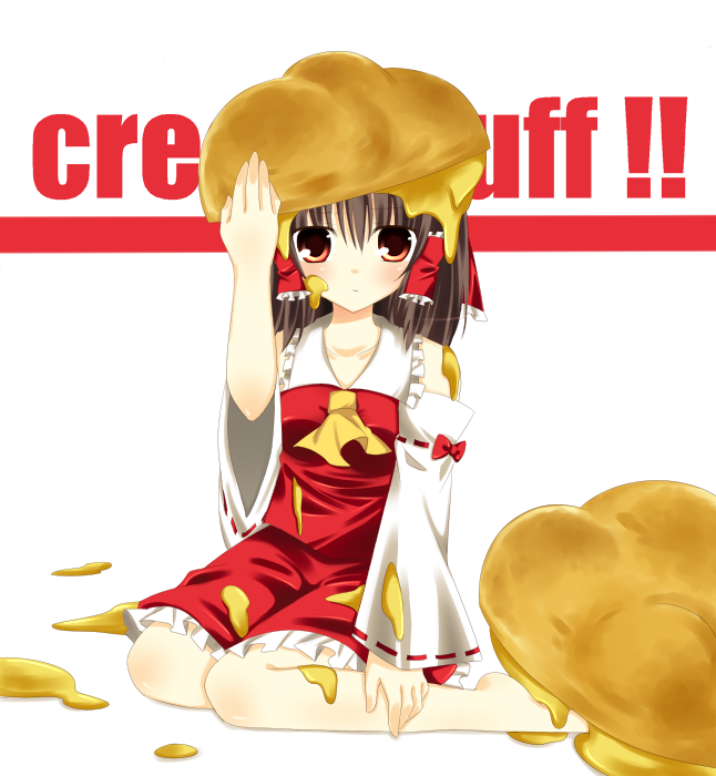 sumisaki yuzuna, hakurei reimu, touhou, 1girl, barefoot, brown eyes, brown hair, cream puff, detached sleeves, feet, female focus, food, food on head, object on head, ribbon, sitting, solo, wariza