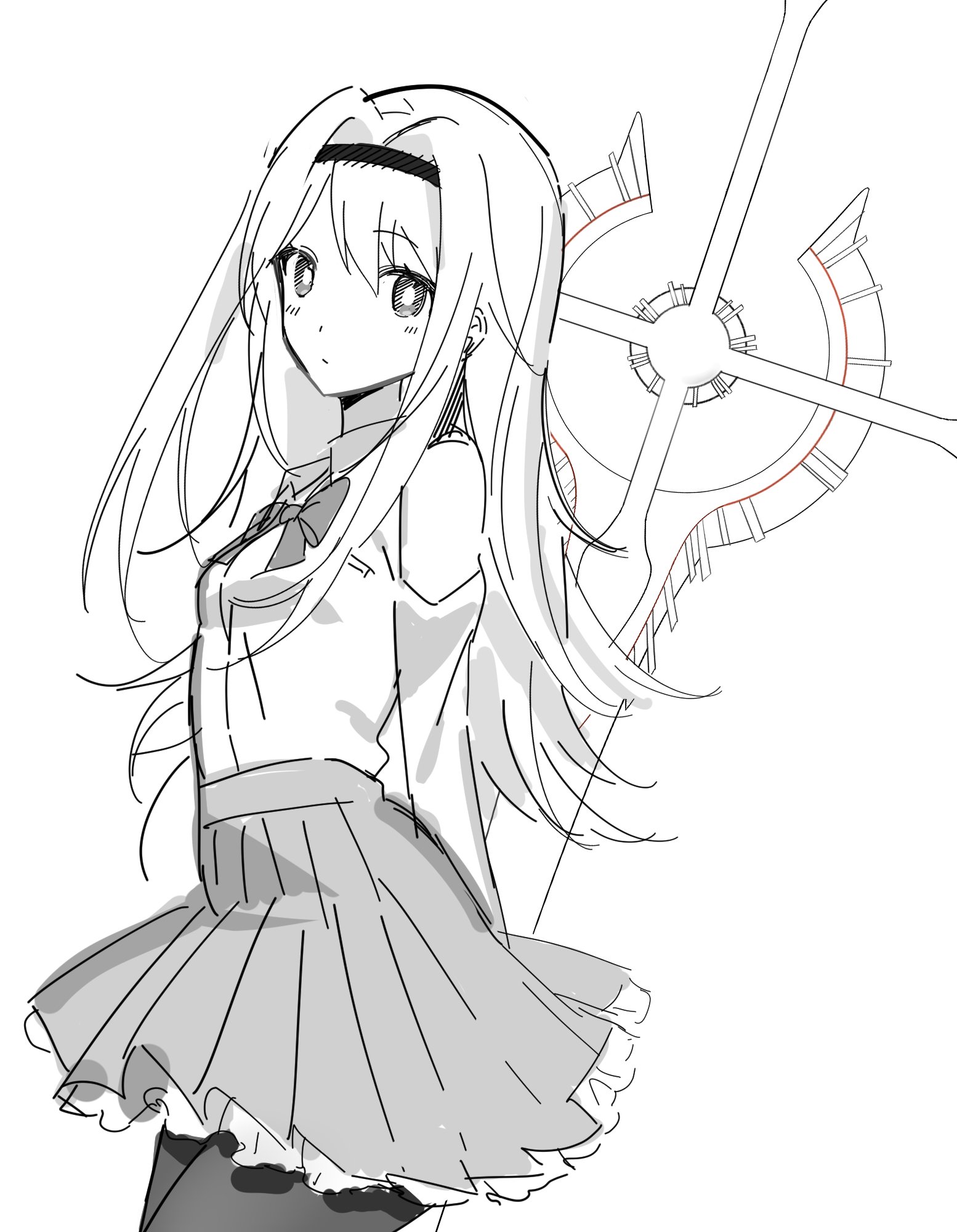 alion 9715, nishijou nanami, chaos;head, science adventure, highres, 1girl, black hairband, black pantyhose, bow, bowtie, breasts, d-sword, dress shirt, hairband, high-waist skirt, huge weapon, long hair, long sleeves, monochrome, no jacket, pantyhose, petticoat, shirt, simple background, skirt, small breasts, solo, weapon, white background, winter uniform