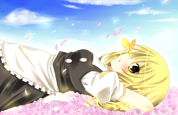 sumisaki yuzuna, kirisame marisa, touhou, 1girl, blonde hair, bug, butterfly, cherry blossoms, female focus, insect, solo, yellow eyes
