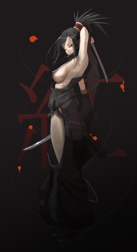 hone shoukan, ayame (tenchuu), acquire, fromsoftware, tenchu, tenchuu, 1girl, arm up, armpits, black hair, breasts, clothing cutout, dark, dual wielding, female focus, hip vent, holding, large breasts, long hair, ninja, no bra, ponytail, short sword, sideboob, solo, sword, weapon