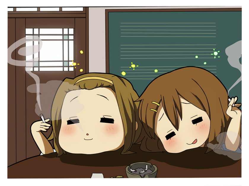 pu-chin, hirasawa yui, tainaka ritsu, k-on!, 2girls, = =, blush, brown hair, chibi, cigarette, closed eyes, drugged, drugs, female focus, hairclip, marijuana, multiple girls, open mouth, parallel hairclips, short hair, smile, smoke, smoking, stoned