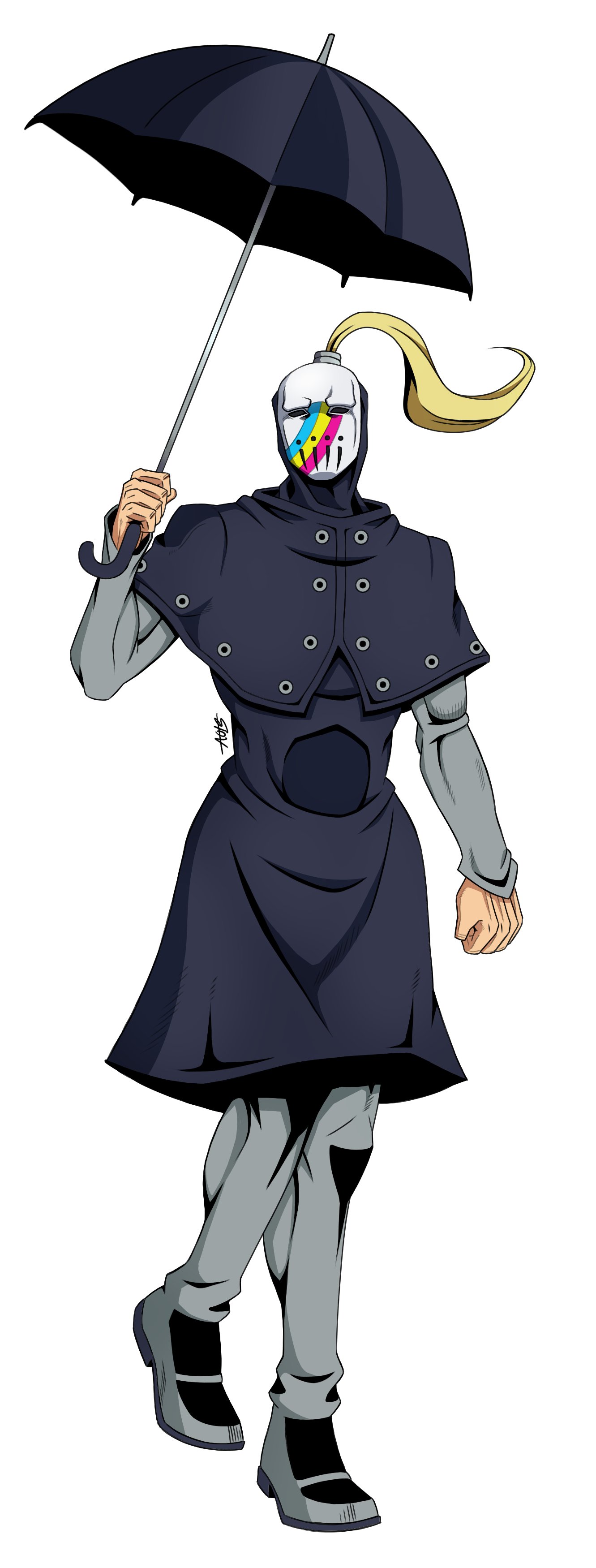 blackmore, catch the rainbow, jojo no kimyou na bouken, steel ball run, absurdres, commentary, english commentary, highres, 1boy, black capelet, black coat, blonde hair, blue umbrella, capelet, coat, grey pants, grey shirt, hand up, high ponytail, holding, holding umbrella, hood, hood up, long coat, long sleeves, male focus, official style, pants, ponytail, rainbow print, raincoat, shirt, simple background, solo, stand (jojo), therealartoside, umbrella, white background, white mask