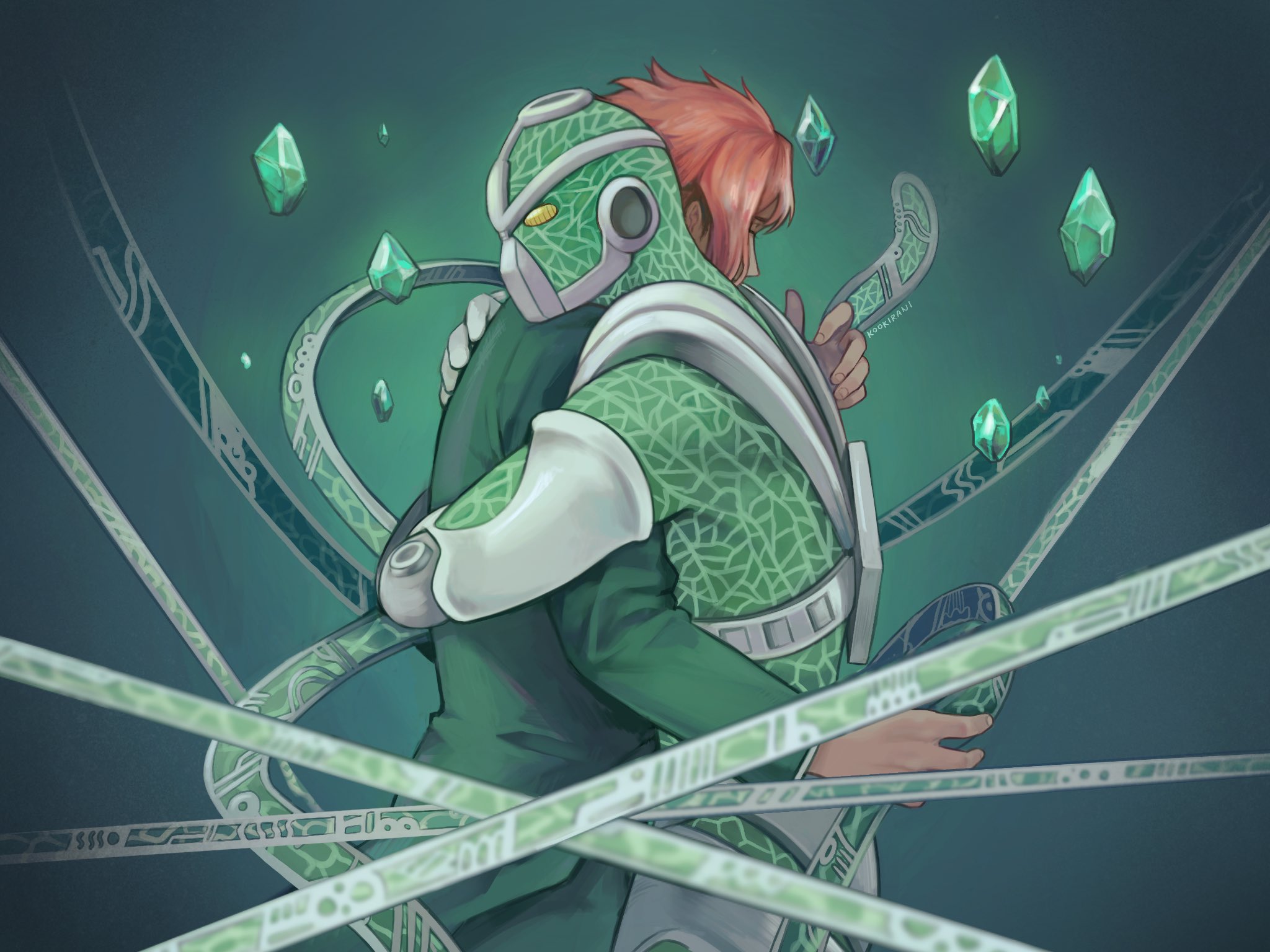 kookirani, hierophant green, kakyoin noriaki, jojo no kimyou na bouken, stardust crusaders, commentary, highres, symbol-only commentary, 1boy, cowboy shot, from side, gem, green background, green gem, green jacket, hands on another's back, hover hand, hug, jacket, long sleeves, male focus, mutual hug, red hair, stand (jojo), yellow eyes