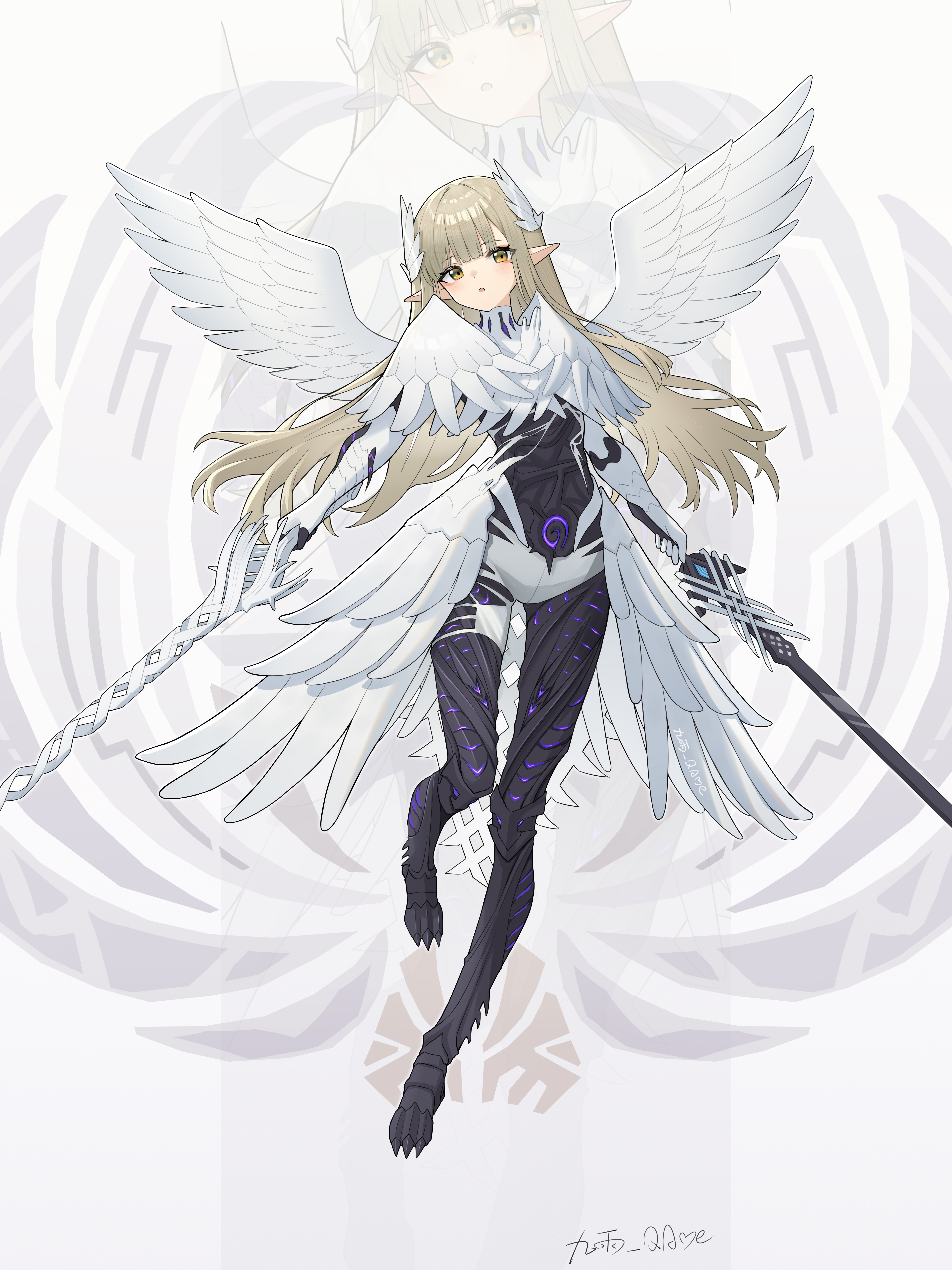 jiuyu qame, muelsyse (arknights), arknights, monster hunter (series), absurdres, chinese commentary, commentary request, highres, 1girl, :o, alternate costume, armored boots, artist name, blonde hair, boots, dual wielding, elbow gloves, elf, full body, gloves, holding, holding weapon, long hair, looking at viewer, mole, mole under eye, parted lips, pointy ears, solo, weapon, white gloves, white wings, wings, yellow eyes, zoom layer