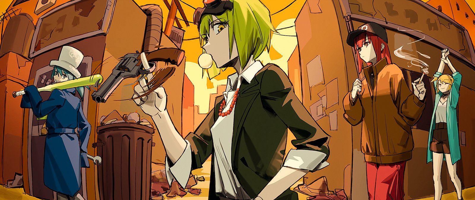 wounds404, gumi, hatsune miku, kagamine rin, megurine luka, donut hole (vocaloid), vocaloid, hashtag-only commentary, highres, 4girls, alley, aqua eyes, aqua hair, baseball bat, baseball cap, bead necklace, beads, black hat, black jacket, blonde hair, blue coat, blunt bangs, brown pants, brown shorts, cigarette, closed eyes, closed mouth, coat, collared shirt, dusk, goggles, goggles on head, green eyes, green hair, hat, holding, holding baseball bat, holding cigarette, holding weapon, jacket, jewelry, long hair, long sleeves, medium hair, multiple girls, naked jacket, necklace, open clothes, open jacket, pants, poster (object), red eyes, red hair, shirt, shirt tucked in, short hair, shorts, sidelocks, sleeves rolled up, smile, smoke, top hat, trash, trash can, two side up, weapon, white hat, white shirt