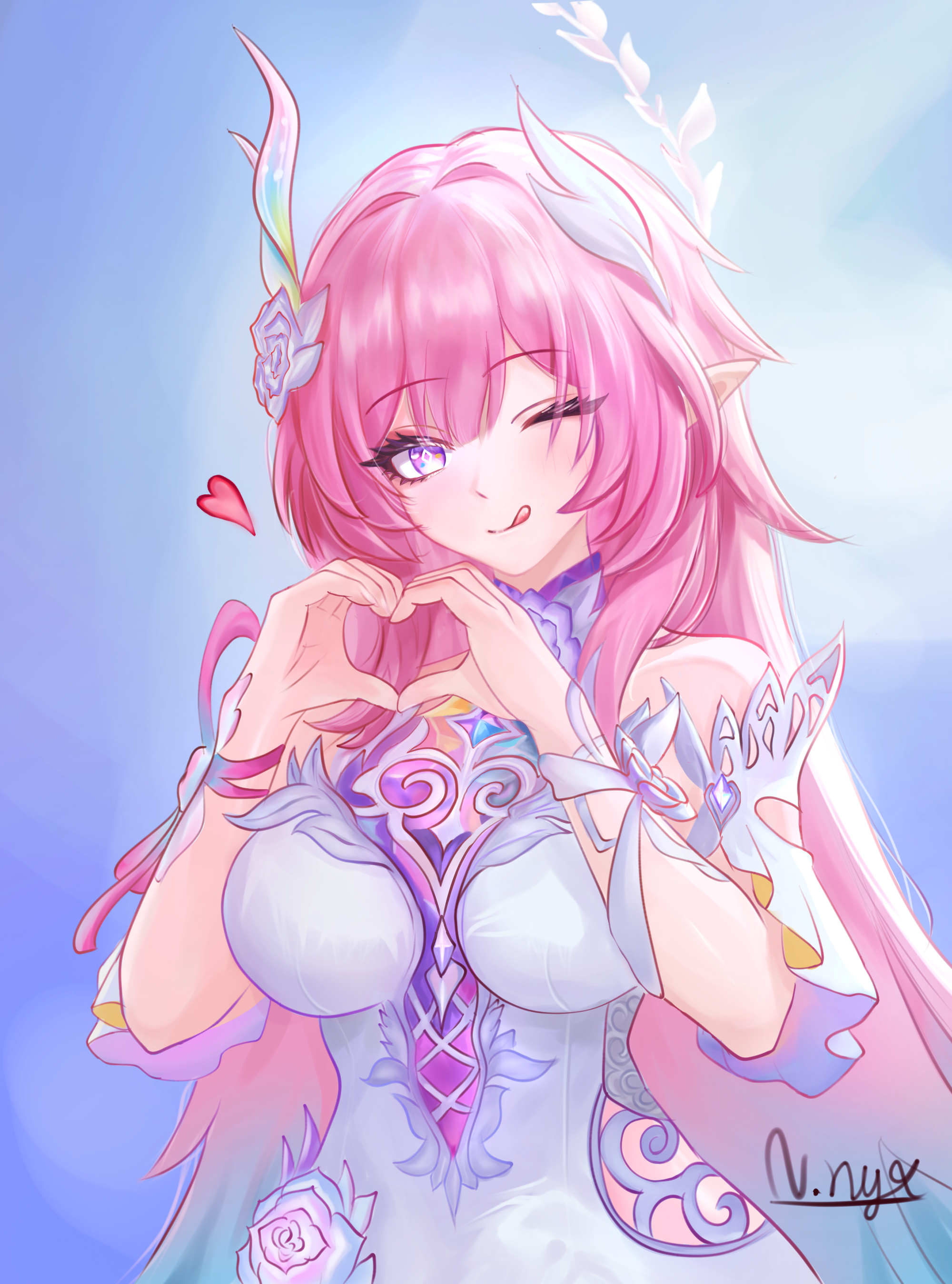 cyrene (demiurge) (honkai: star rail), cyrene (honkai: star rail), honkai: star rail, honkai (series), absurdres, commentary, highres, 1girl, ;p, aqua hair, artist name, bare shoulders, blue background, breasts, clothing cutout, diamond-shaped pupils, diamond (shape), flower, gradient hair, hair flower, hair ornament, halo, heart, heart hands, large breasts, licking lips, long hair, looking at viewer, multicolored hair, n.nyx, one eye closed, pink hair, pointy ears, purple eyes, side cutout, solo, symbol-shaped pupils, tongue, tongue out, two-tone hair, very long hair