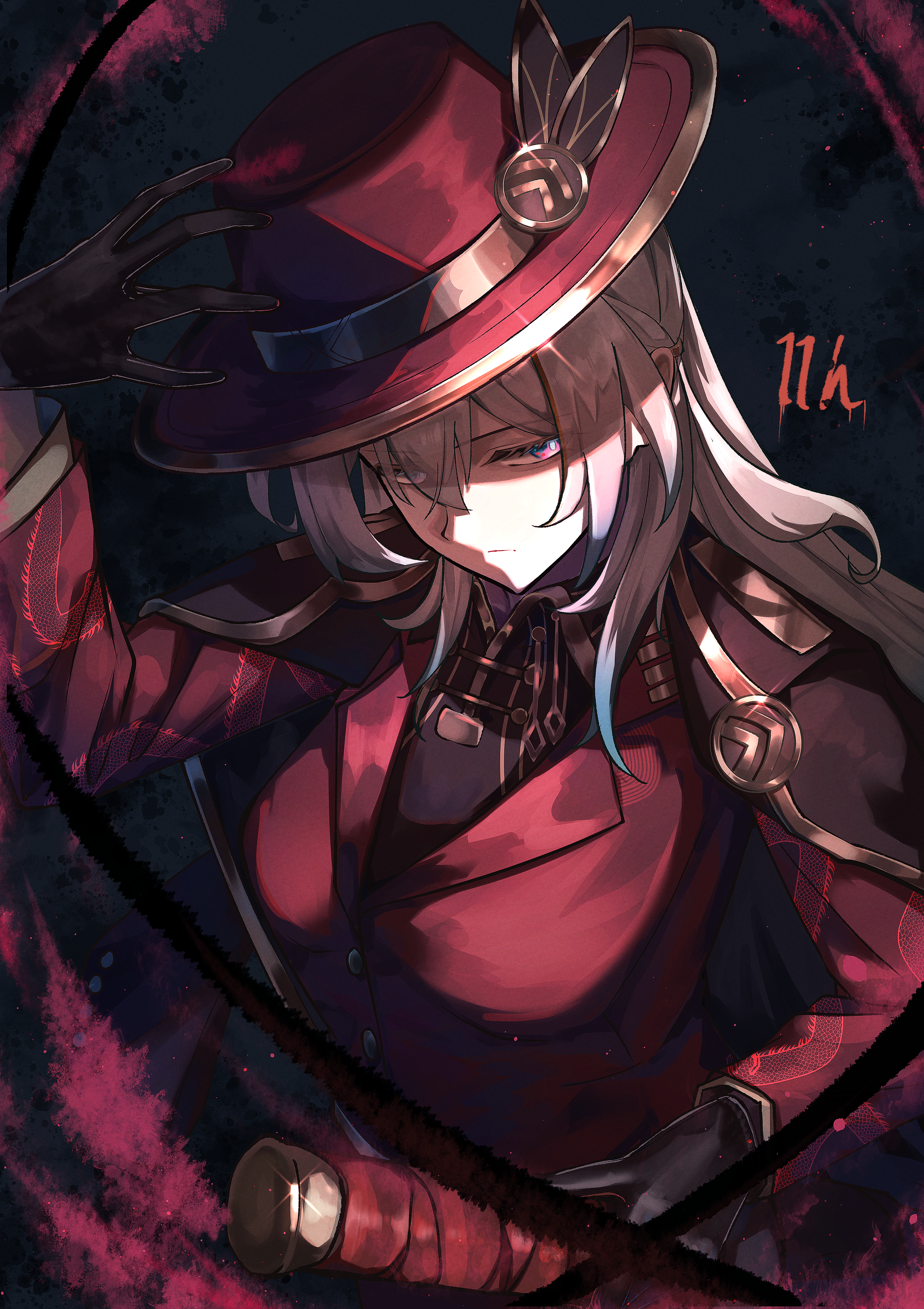 memeiradesuyo, firefly (honkai: star rail), lei heng (project moon), honkai: star rail, honkai (series), limbus company, project moon, absurdres, commentary request, highres, 1girl, black gloves, black shirt, blue hair, breasts, cape, cosplay, gloves, grey hair, hair between eyes, halterneck, hand on own head, hat, holding, holding sword, holding weapon, jacket, large breasts, lei heng (project moon) (cosplay), long hair, multicolored eyes, multicolored hair, red jacket, shirt, solo, sword, thumb (identity) (project moon), two-tone hair, weapon