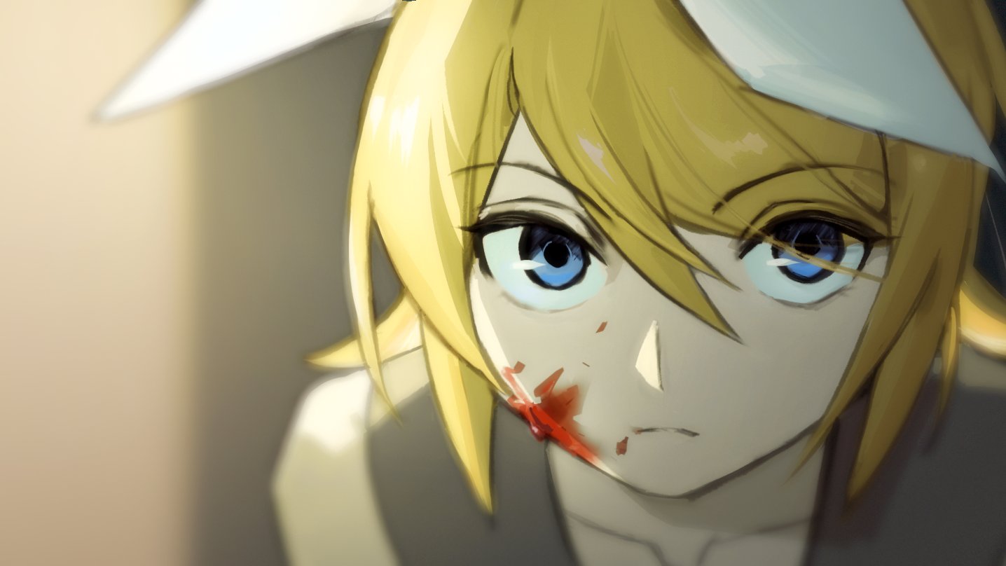 wounds404, kagamine rin, vocaloid, 1girl, blonde hair, blood, blood on face, blue eyes, blue sailor collar, bow, closed mouth, collarbone, frown, hair between eyes, hair bow, looking at viewer, sailor collar, short hair, short sleeves, solo, white bow