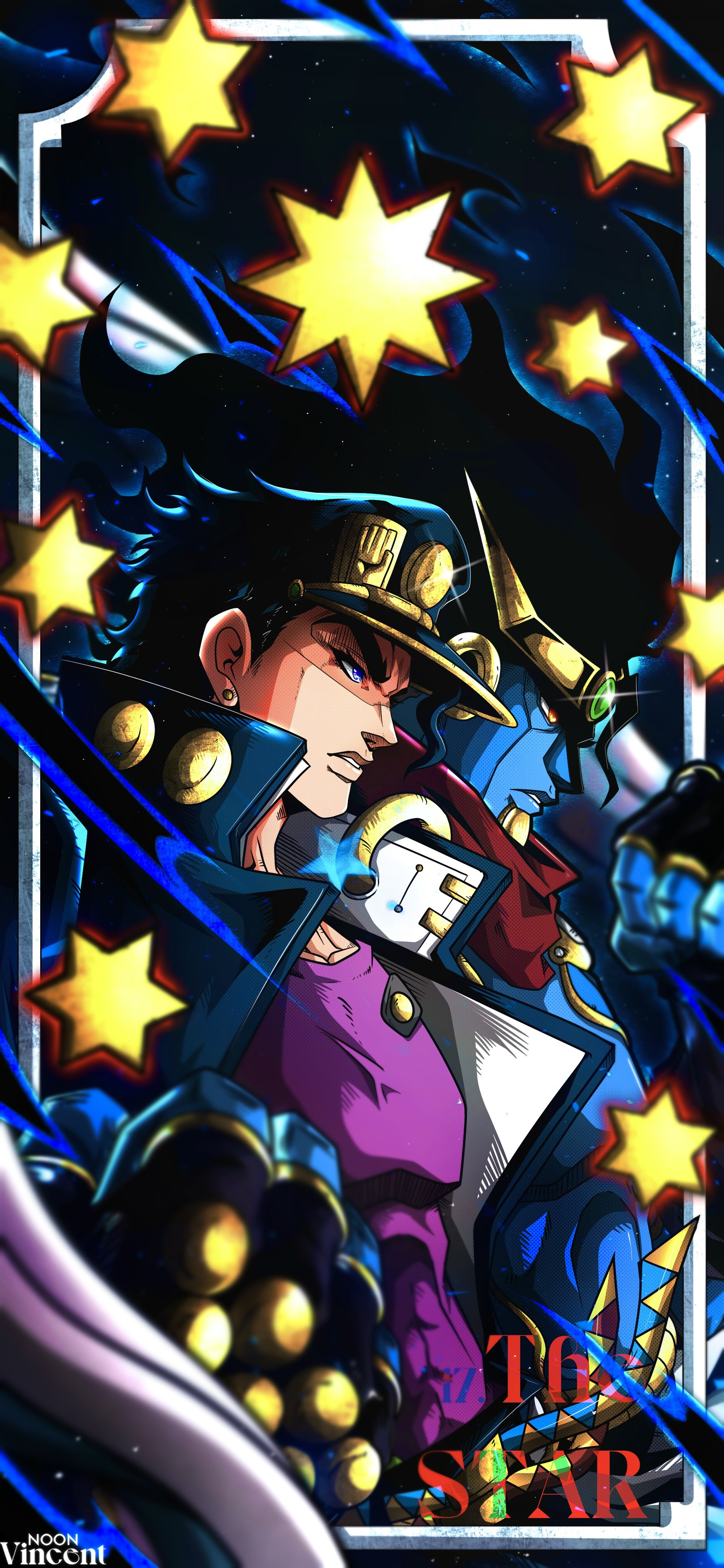 noonvincent, kuujou joutarou, star platinum, jojo no kimyou na bouken, stardust crusaders, absurdres, commentary, english commentary, highres, 1other, black coat, black gloves, black hair, black hat, blue eyes, blue skin, card, coat, colored skin, earrings, fingerless gloves, from side, gakuran, gloves, hat, high collar, jewelry, male focus, peaked cap, profile, purple shirt, red scarf, scarf, school uniform, shirt, sparkle, stand (jojo), star (symbol), stud earrings, tarot, tarot card