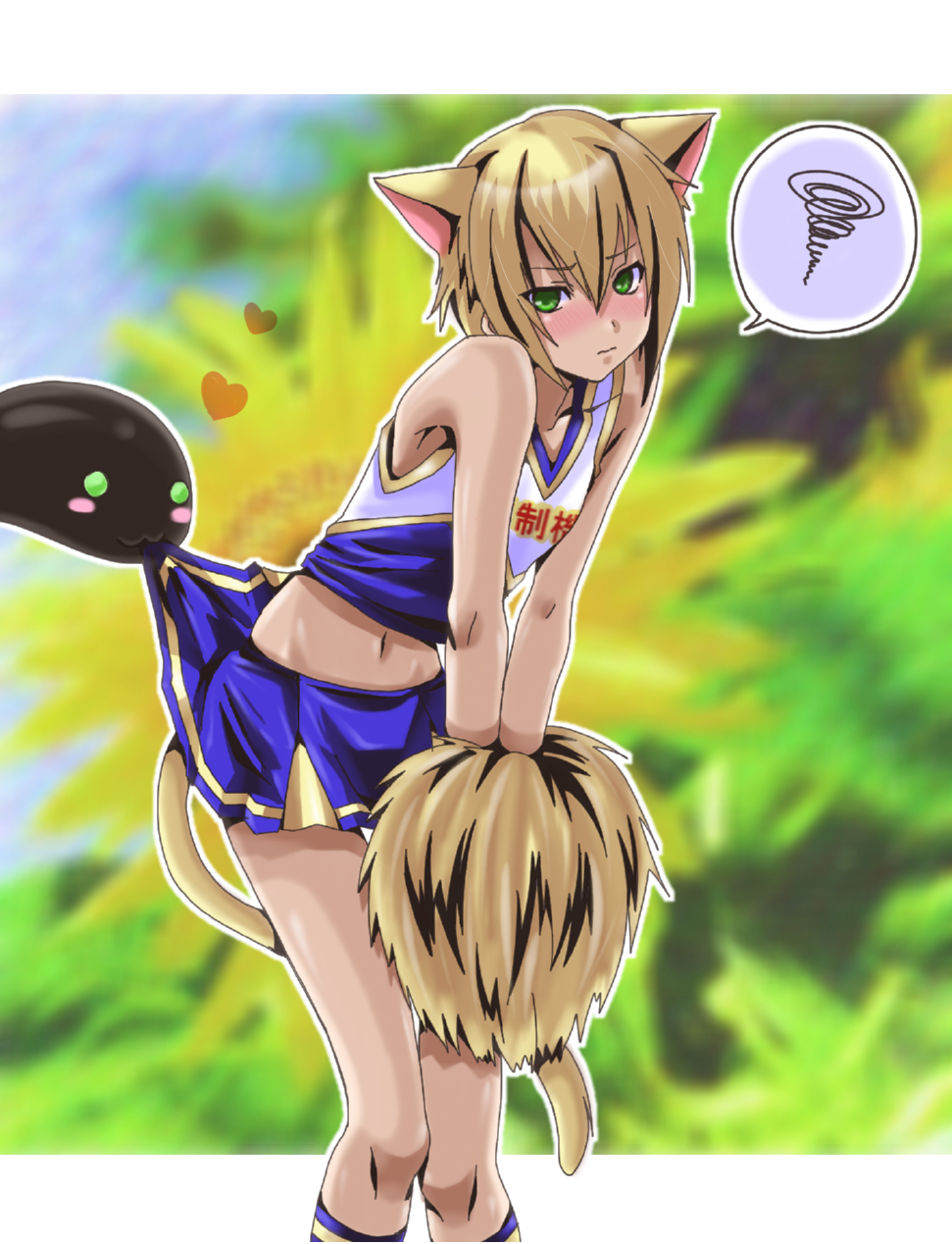 shou (trickster1999), kisaragi jin, arc system works, blazblue, blazblue: calamity trigger, highres, 1boy, animal ears, blonde hair, blush, cat ears, cat tail, cheerleader, crossdressing, crossdressing (mtf), embarrassed, green eyes, male focus, midriff, navel, solo, tail, trap, trickster1999