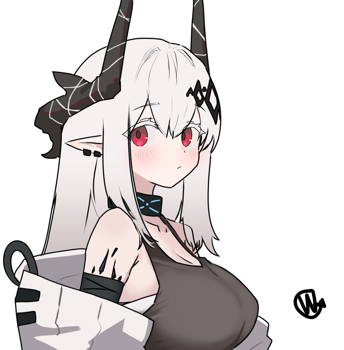 wingcat, infection monitor (arknights), mudrock (arknights), mudrock (elite ii) (arknights), arknights, commentary, 1girl, bare shoulders, black horns, blush, breasts, cleavage, closed mouth, grey hair, hair between eyes, horns, long hair, looking at viewer, material growth, medium breasts, off shoulder, oripathy lesion (arknights), pointy ears, portrait, red eyes, solo