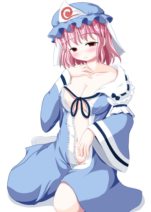 riku (rikkuru), saigyouji yuyuko, touhou, 1girl, blush, breasts, cleavage, female focus, japanese clothes, kimono, large breasts, navel, pink hair, red eyes, ribbon, solo