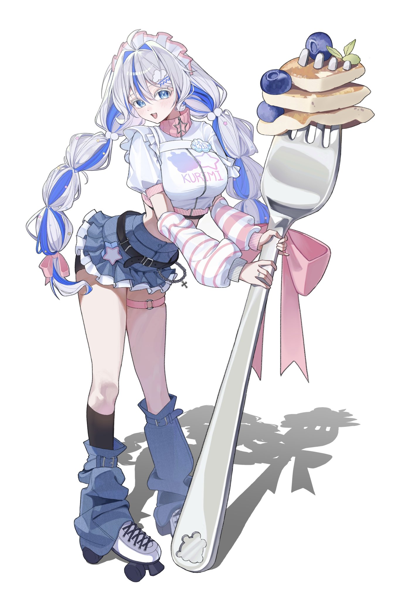 yongeung2, aokumo rin, stellive, commentary, highres, symbol-only commentary, 1girl, :d, arm warmers, blue eyes, blue skirt, blue streaks, blueberry, breasts, cloud hair ornament, crop top, cropped jacket, denim, denim skirt, double-parted bangs, english text, food, fork, frilled skirt, frills, fruit, full body, grey hair, hair between eyes, hair intakes, jacket, leaning forward, long bangs, looking at viewer, miniskirt, multicolored hair, open mouth, oversized object, pancake, print jacket, roller skates, shadow, simple background, skates, skirt, smile, solo, star (symbol), star print, streaked hair, thigh strap, virtual youtuber, white background, white headdress, white jacket