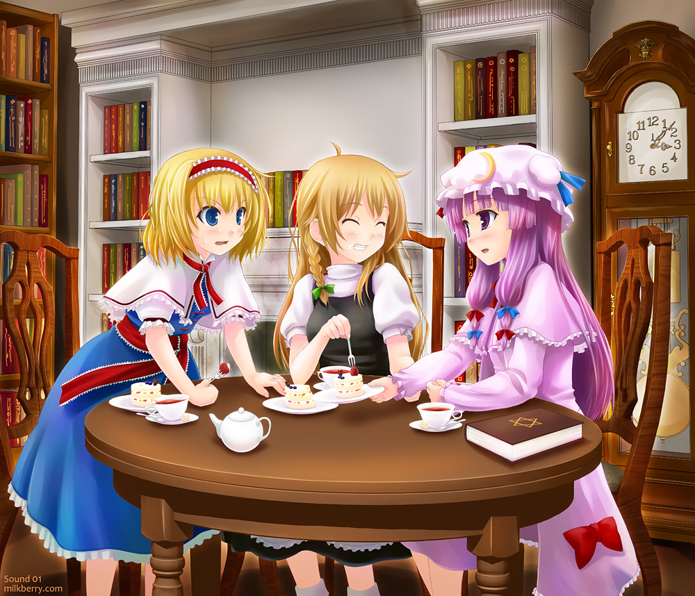kisaragi miyu, alice margatroid, kirisame marisa, patchouli knowledge, touhou, 3girls, blonde hair, blue eyes, book, bookshelf, chair, clock, crescent, crescent moon, cup, dress, female focus, grandfather clock, grin, hair ribbon, hairband, hat, hexagram, long hair, moon, multiple girls, no headwear, purple eyes, purple hair, ribbon, short hair, sidelocks, sitting, smile, star of david, sweatdrop, table, teacup, wavy mouth