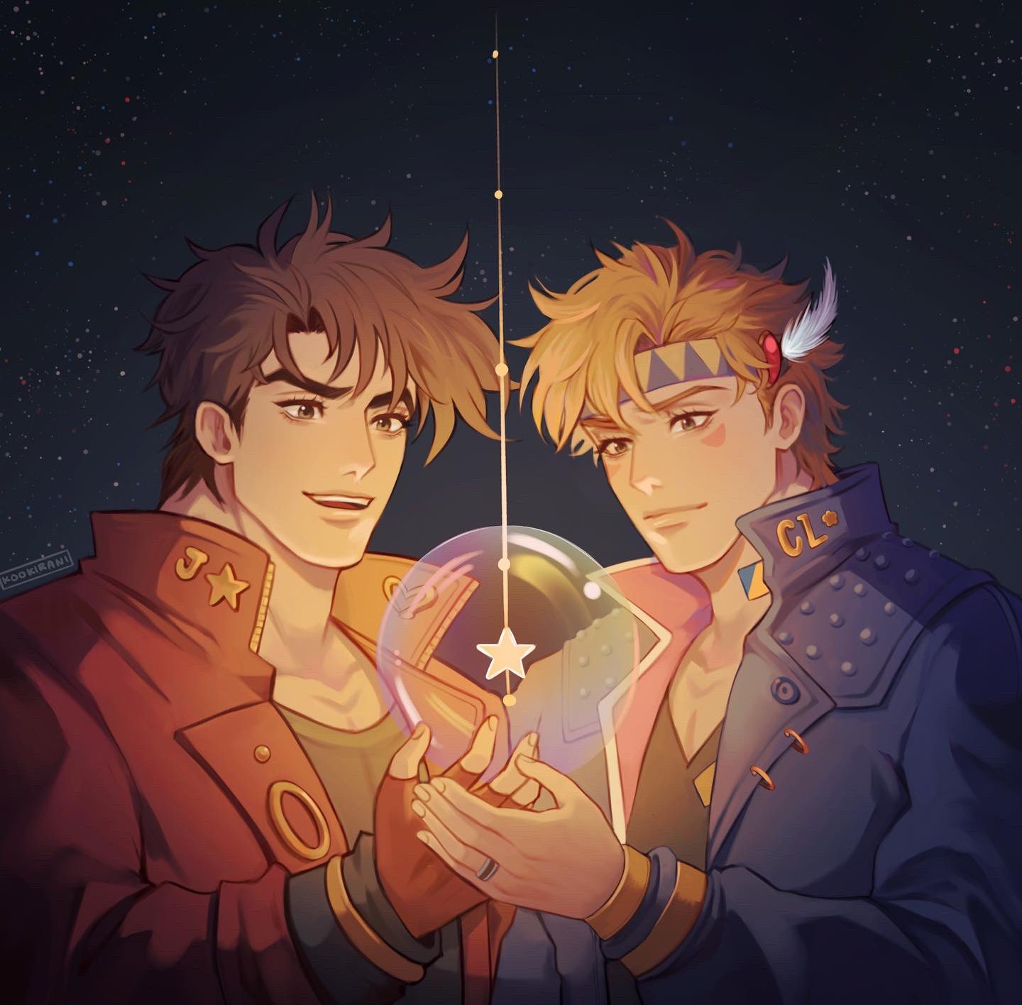 kookirani, caesar anthonio zeppeli, joseph joestar, joseph joestar (young), battle tendency, jojo no kimyou na bouken, commentary, english commentary, highres, 2boys, black shirt, blonde hair, blue jacket, brown eyes, brown hair, brown jacket, closed mouth, collared jacket, facial mark, fingerless gloves, gloves, headband, jacket, long sleeves, male focus, multiple boys, open clothes, open jacket, open mouth, parted hair, popped collar, scoop neck, shirt, sky, smile, star (sky), star (symbol), starry sky, teeth, upper body, upper teeth only