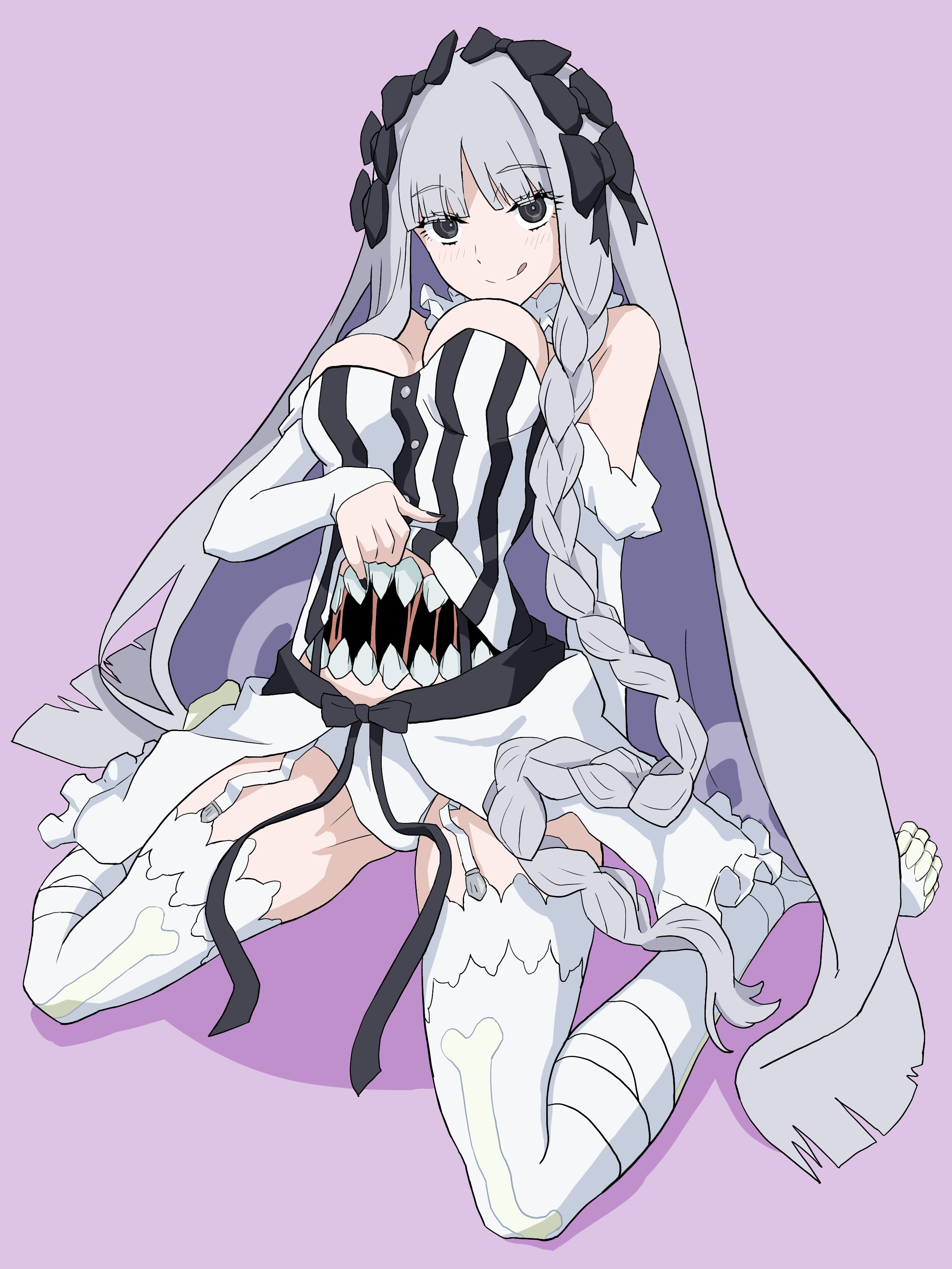 hizumi ms, francesca prelati (fate), fate/strange fake, fate (series), absurdres, commentary, highres, 1girl, bare shoulders, black bow, blunt bangs, blush, bow, braid, breasts, cleavage, closed mouth, clothes lift, collar, colored inner hair, detached sleeves, extra mouth, frilled collar, frills, full body, garter straps, grey hair, hair between eyes, hair bow, lifting own clothes, long hair, looking at viewer, medium breasts, multicolored hair, multiple hair bows, purple background, ringed eyes, sharp teeth, shirt, shirt lift, showgirl skirt, simple background, sitting, skirt, skull print, smile, solo, stomach mouth, strapless, strapless shirt, striped clothes, striped shirt, teeth, thighhighs, tongue, tongue out, vertical-striped clothes, vertical-striped shirt, very long hair, wariza, white skirt, white thighhighs
