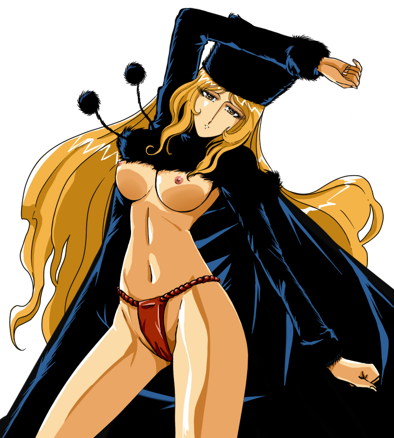 kanai makoto (kanaman7), shounandai, maetel, ginga tetsudou 999, bad id, bad pixiv id, 1girl, arm up, blonde hair, breasts, brown eyes, cape, female focus, fundoshi, hat, japanese clothes, large breasts, long hair, midriff, navel, nipples, simple background, small nipples, solo, very long hair