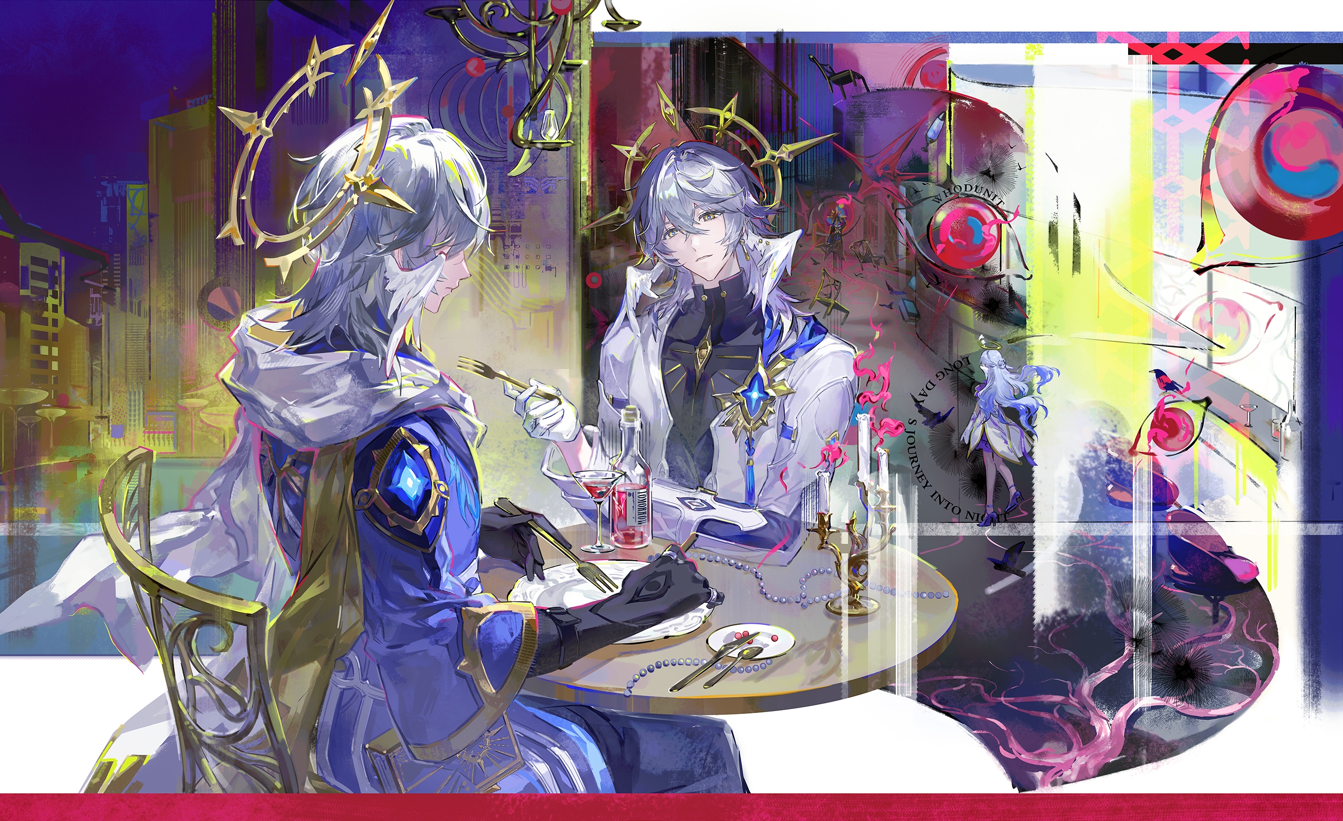qingming tiaohetu, robin (honkai: star rail), sunday (honkai: star rail), sunday (sacerdos' relived ordeal) (honkai: star rail), honkai: star rail, honkai (series), chinese commentary, commentary request, highres, 2boys, badge, blue hair, bottle, chair, cup, drinking glass, fork, gloves, halo, halo behind head, head wings, holding, holding fork, hood, hood down, jacket, long sleeves, medium hair, multiple boys, official alternate costume, plate, sitting, table, turtleneck, wine bottle, wine glass, wings, yellow eyes