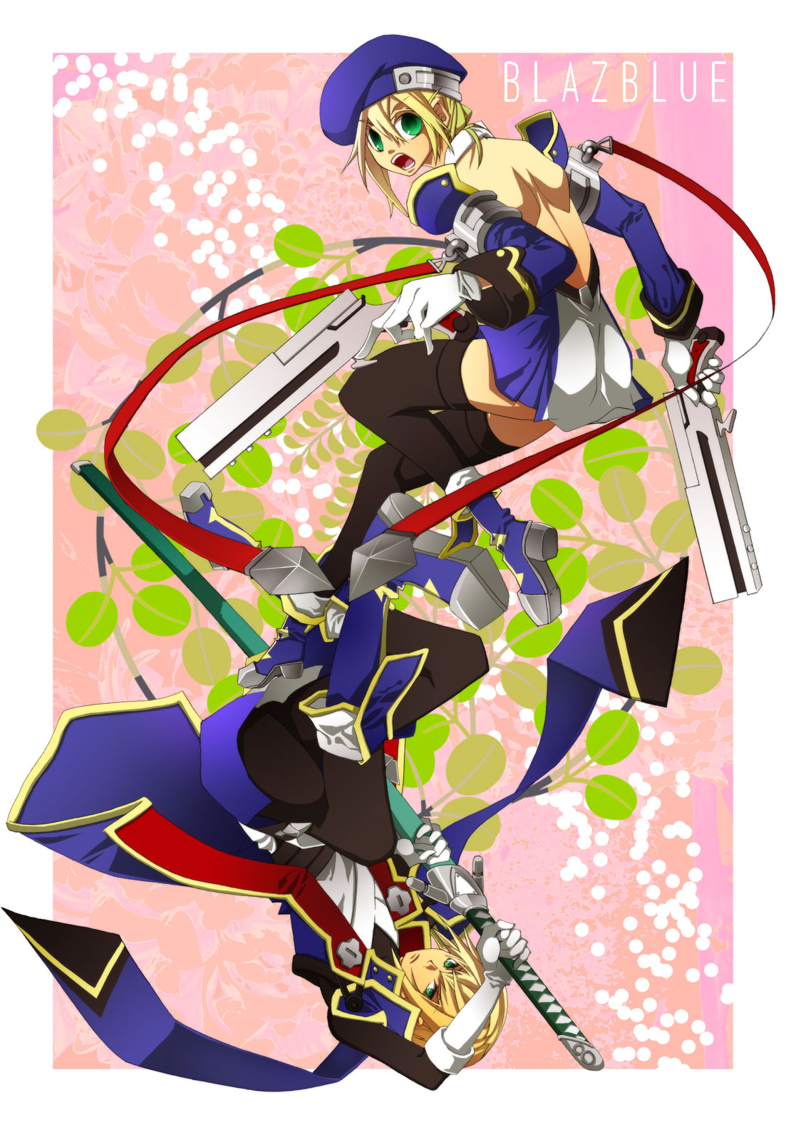 noran, kisaragi jin, noel vermillion, arc system works, blazblue, blazblue: calamity trigger, highres, 1boy, 1girl, bare back, beret, blonde hair, detached sleeves, gloves, green eyes, gun, hat, looking back, open mouth, red ribbon, ribbon, short hair, sword, thighhighs, weapon