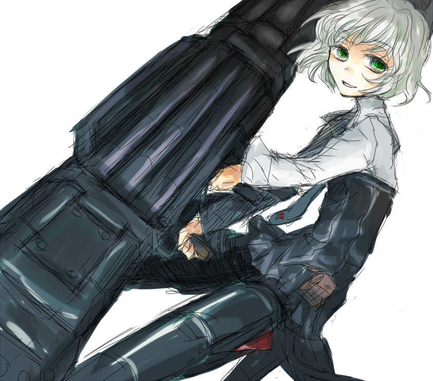 tsuki (artist), tsuki (midori), sanya v. litvyak, strike witches, world witches series, silver hair, uniform, bad id, bad pixiv id, 1girl, black pantyhose, female focus, green eyes, necktie, pantyhose, rocket launcher, short hair, smile, solo, striker unit, weapon