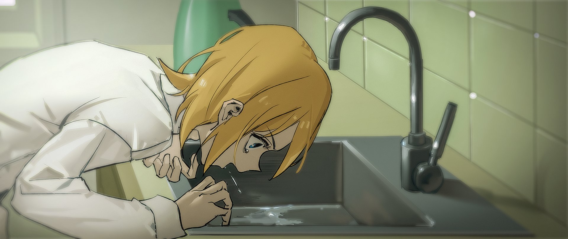 wounds404, kagamine rin, vocaloid, highres, 1girl, blonde hair, blue eyes, kettle, leaning forward, long sleeves, profile, shirt, short hair, sink, solo, tears, tile wall, tiles, vomiting, white shirt
