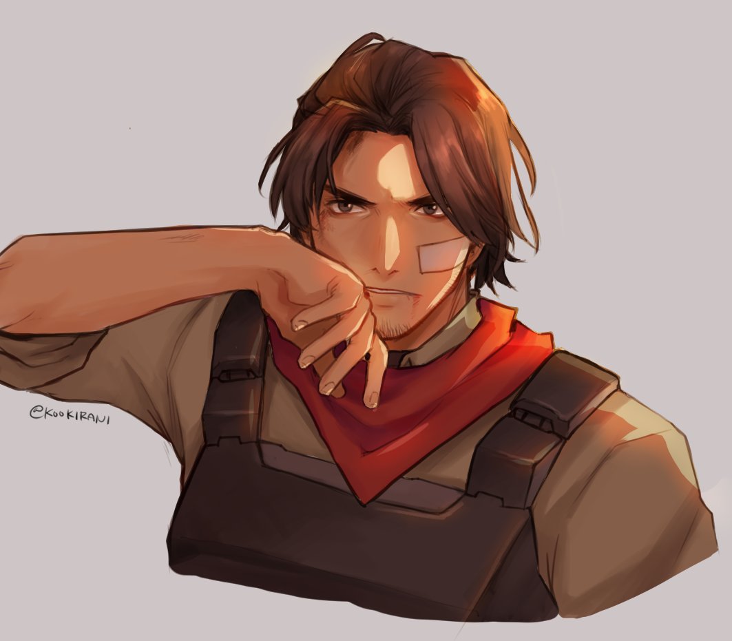 kookirani, cassidy (overwatch), overwatch, commentary, english commentary, 1boy, arm up, bandage on cheek, bandana, bandana around neck, black overalls, brown eyes, brown hair, cropped torso, grey background, looking to the side, male focus, overalls, red bandana, sideways glance, sleeves rolled up, solo, wiping face