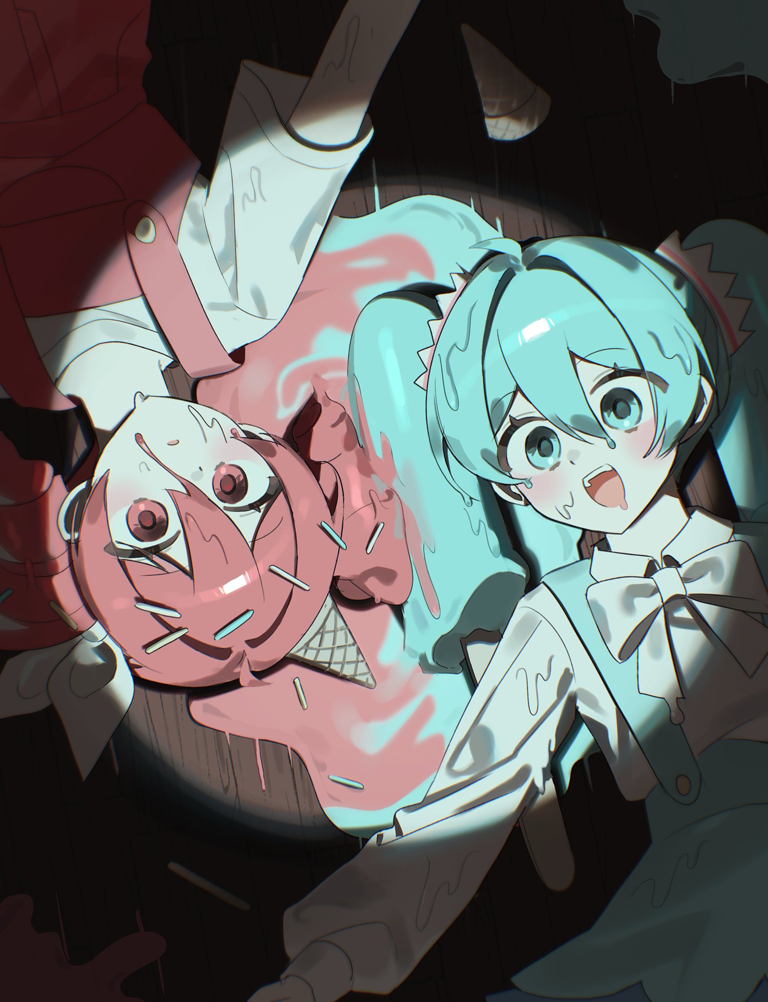jjeogi38, hatsune miku, kasane teto, synthesizer v, vocaloid, highres, 2girls, blue eyes, blue hair, blue skirt, blue suspenders, body horror, bow, bowtie, collared shirt, double-parted bangs, drill hair, empty eyes, food-themed hair, hair bow, hair sprinkles, ice cream cone, ice cream cone on head, long hair, long sleeves, lying, melting, meruto aisukuriimu (vocaloid), multiple girls, on floor, overalls, pale skin, puddle, red eyes, red hair, red overalls, shirt, short hair, skirt, spotlight, sprinkles, suspender skirt, suspenders, twin drills, white bow, white bowtie, white shirt