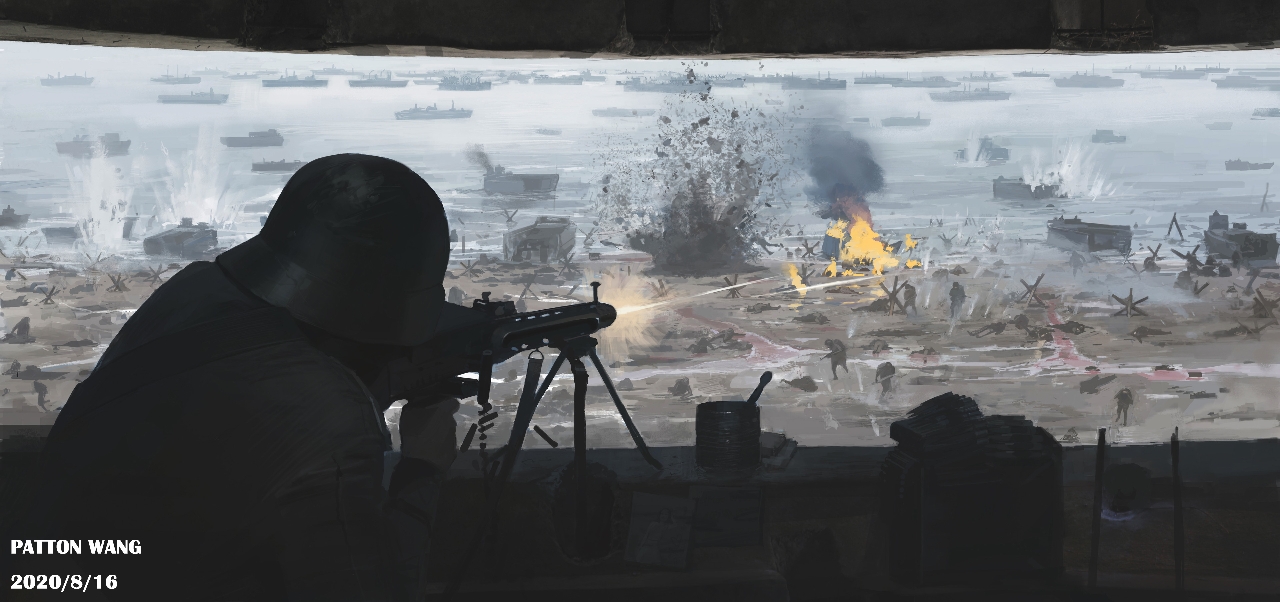 original, commentary, english commentary, 6+boys, ammunition belt, ammunition box, bipod, combat helmet, czech hedgehog, explosion, firing, gun, helmet, invasion of normandy, landing craft, landscape, machine gun, mg42, military, multiple boys, patton wang, scenery, ship, soldier, stahlhelm, utah beach, watercraft, weapon, world war ii