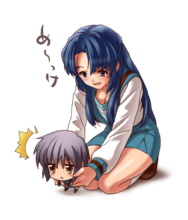 esse, asakura ryoko, nagato yuki, suzumiya haruhi-chan no yuuutsu, suzumiya haruhi no yuuutsu, 00s, 2girls, :<, ^^^, blue eyes, blue hair, breasts, chibi, cleavage, long hair, multiple girls, role reversal, school uniform, serafuku, small breasts